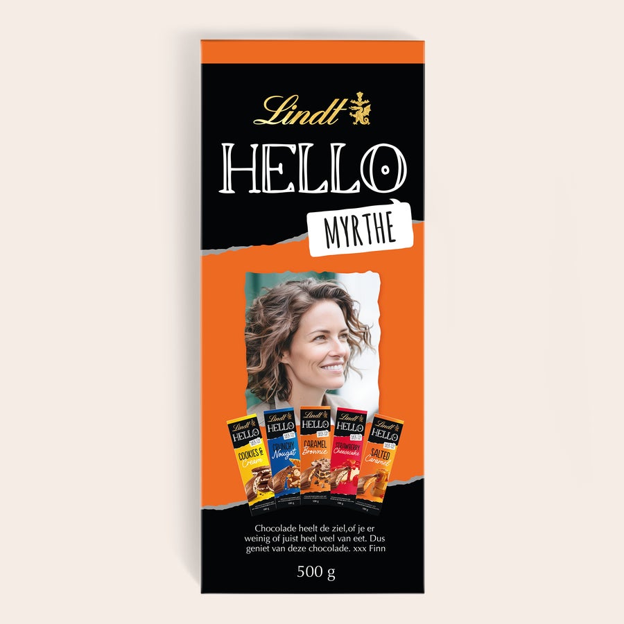 Mega Lindt Hello Chocoladereep Mega Lindt Hello chocoladereep gepersonaliseerd met een foto, de naam Mythe en een bericht.
