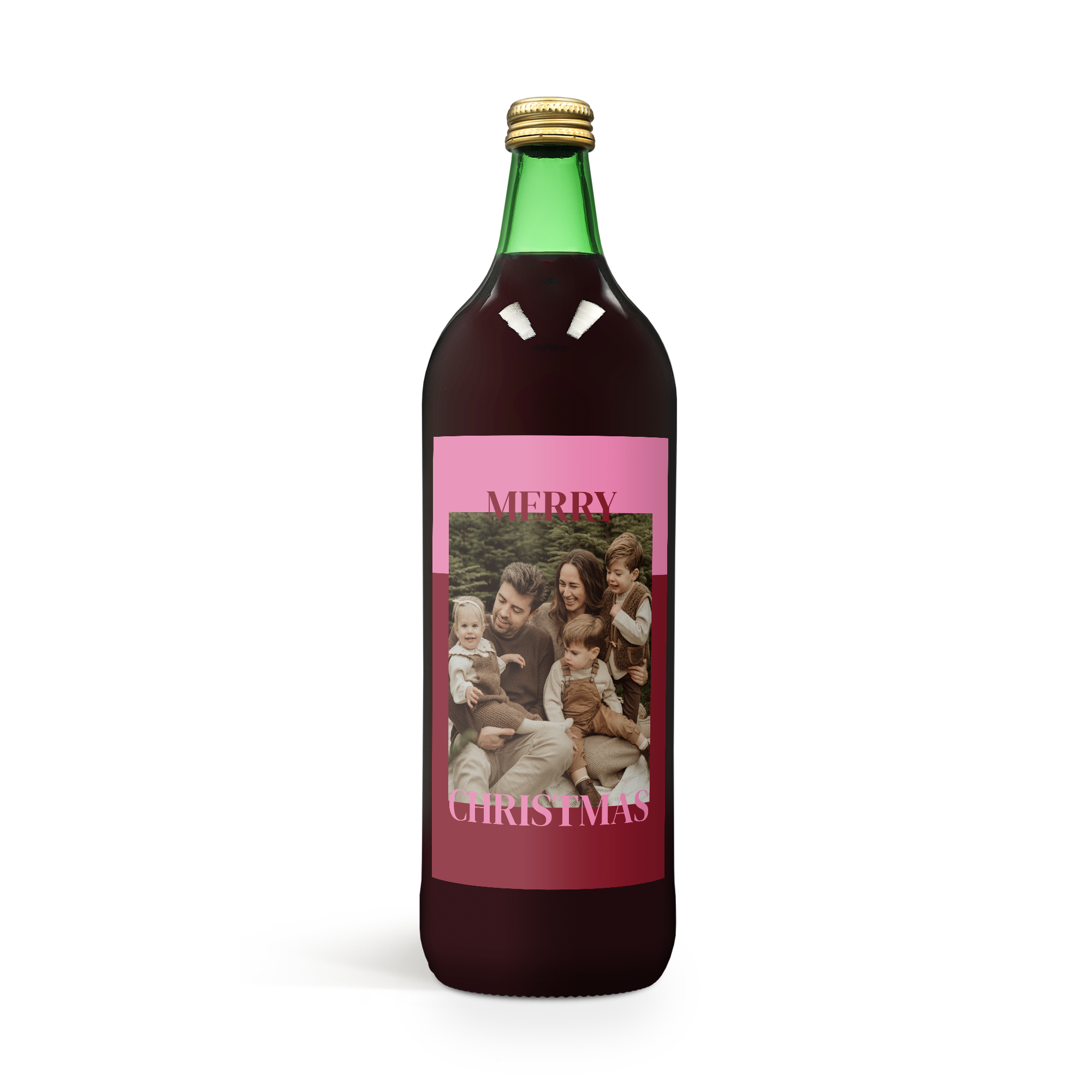 Giv en lækker flaske glühwein med personligt billede og teksten "Merry Christmas" som gave