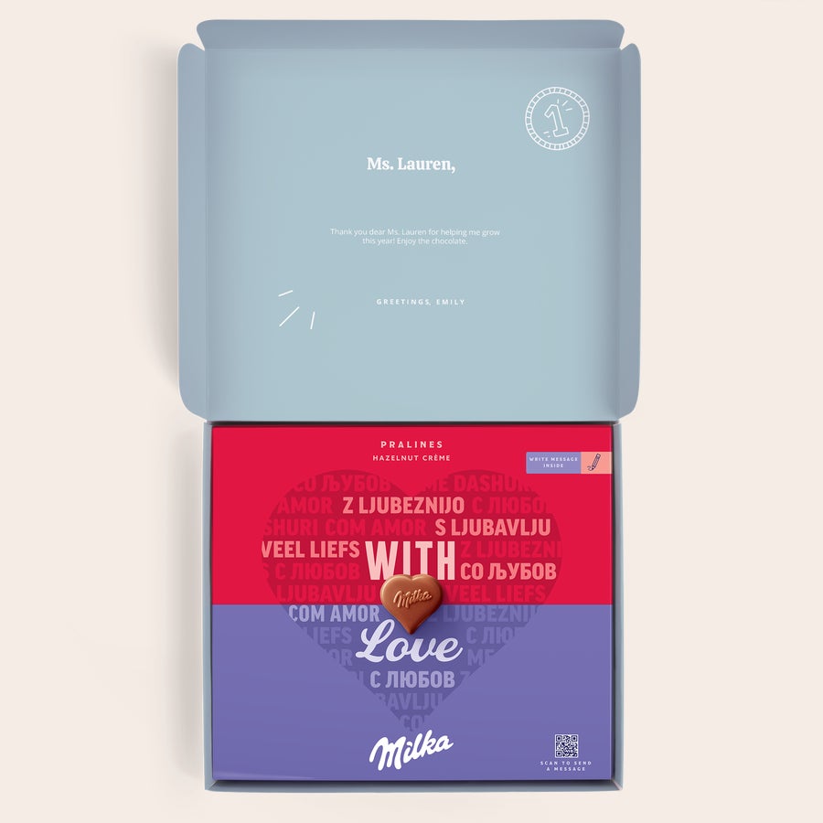 Praline Milka Insegnante Confezione regalo Milka personalizzata con praline al cioccolato, stampata con nome e messaggio per un insegnante.