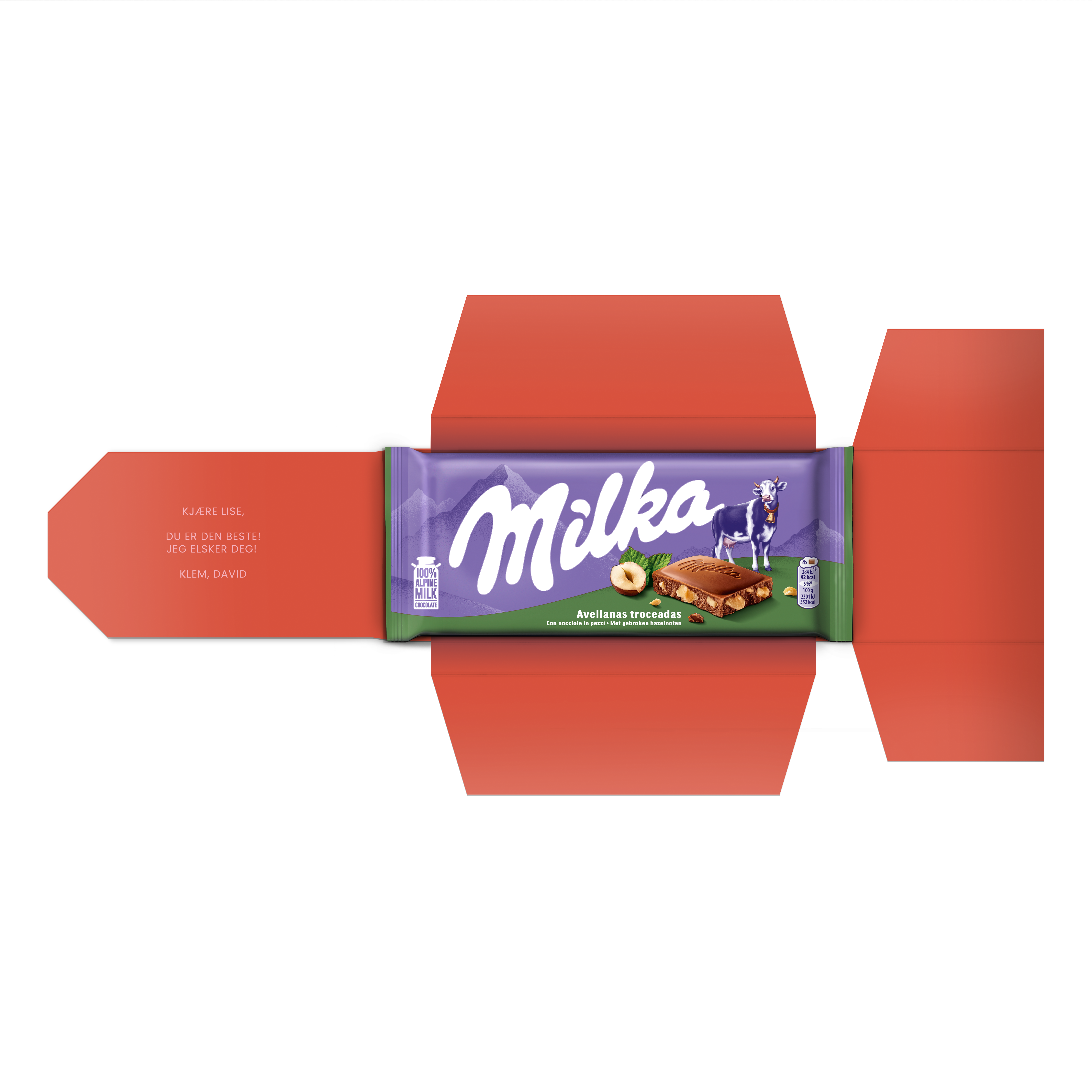 Personlig Milka sjokolade Hasselnott trykket med personlig hilsen inni en rode eske