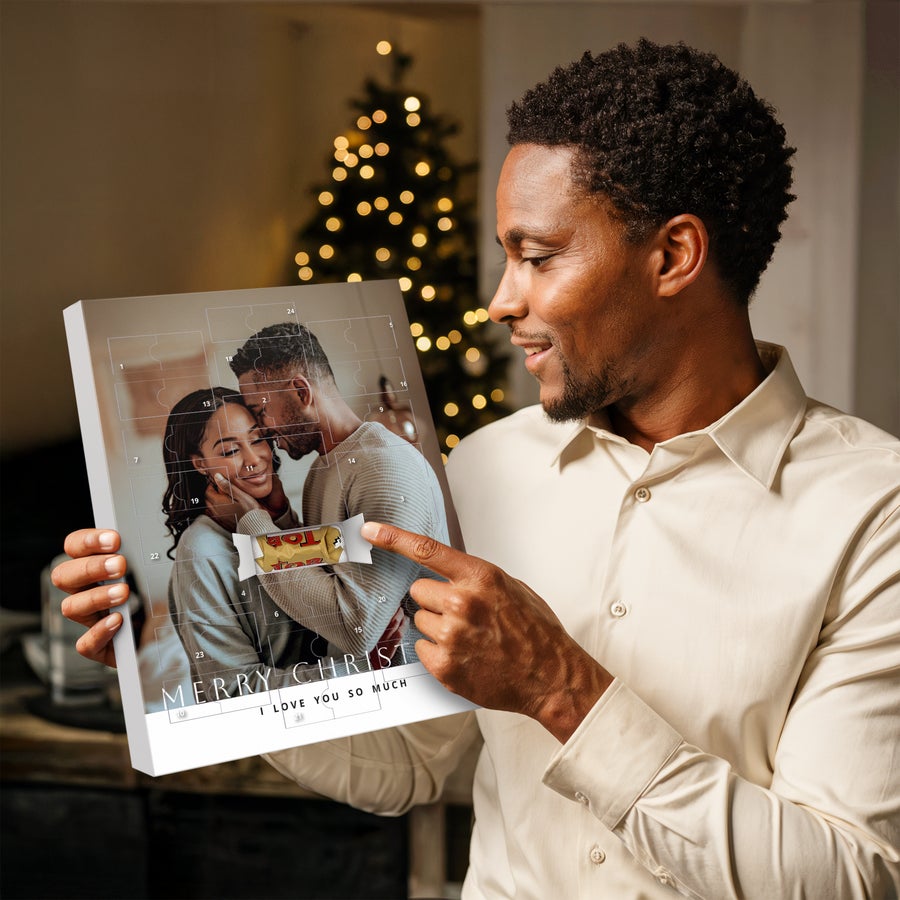 Calendario dell'Avvento Personalizzato - Toblerone 2025 Conto alla rovescia per Natale con calendario dell'avvento personalizzato stampato con foto di coppia e testo "MERRY CHRIST I LOVE YOU SO MUCH"