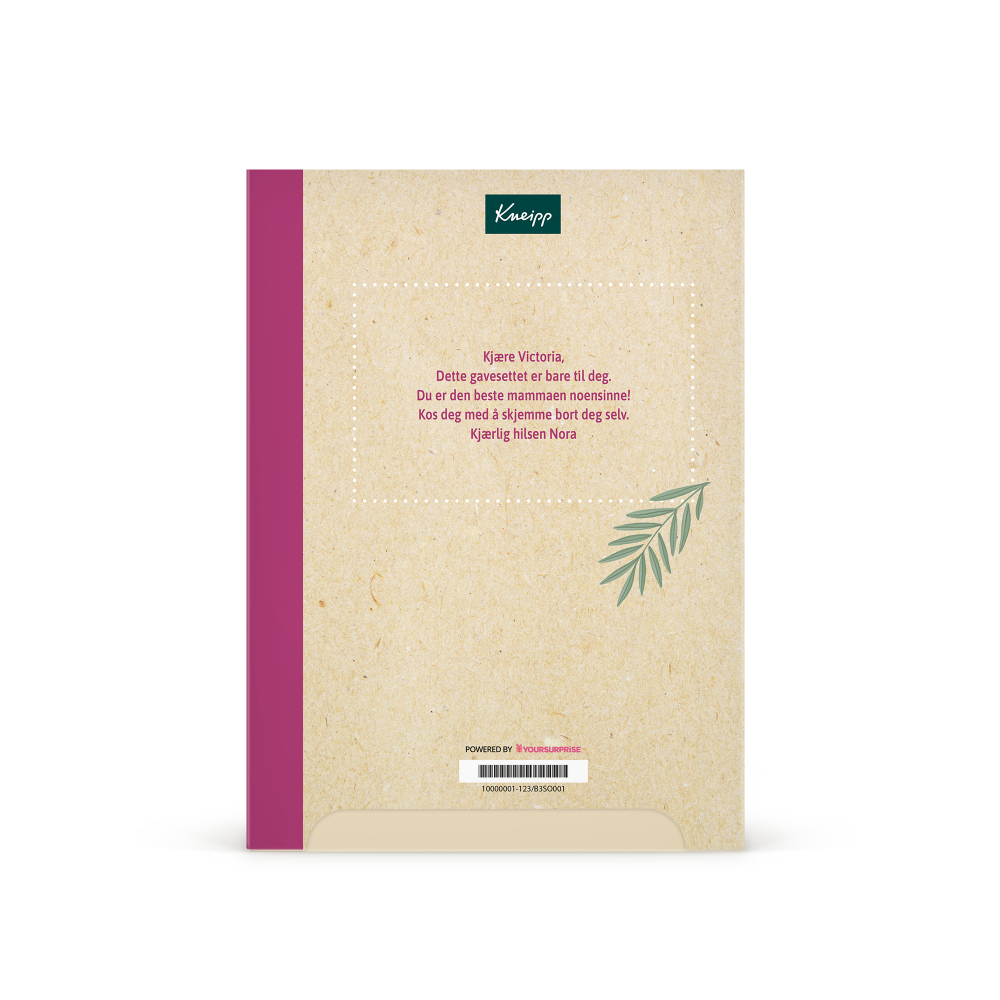 Personlig Kneipp Dame gaveeske - Kneipp design med tekstilpreging, trykt med navnene Victoria og Nora og en hyggelig melding.