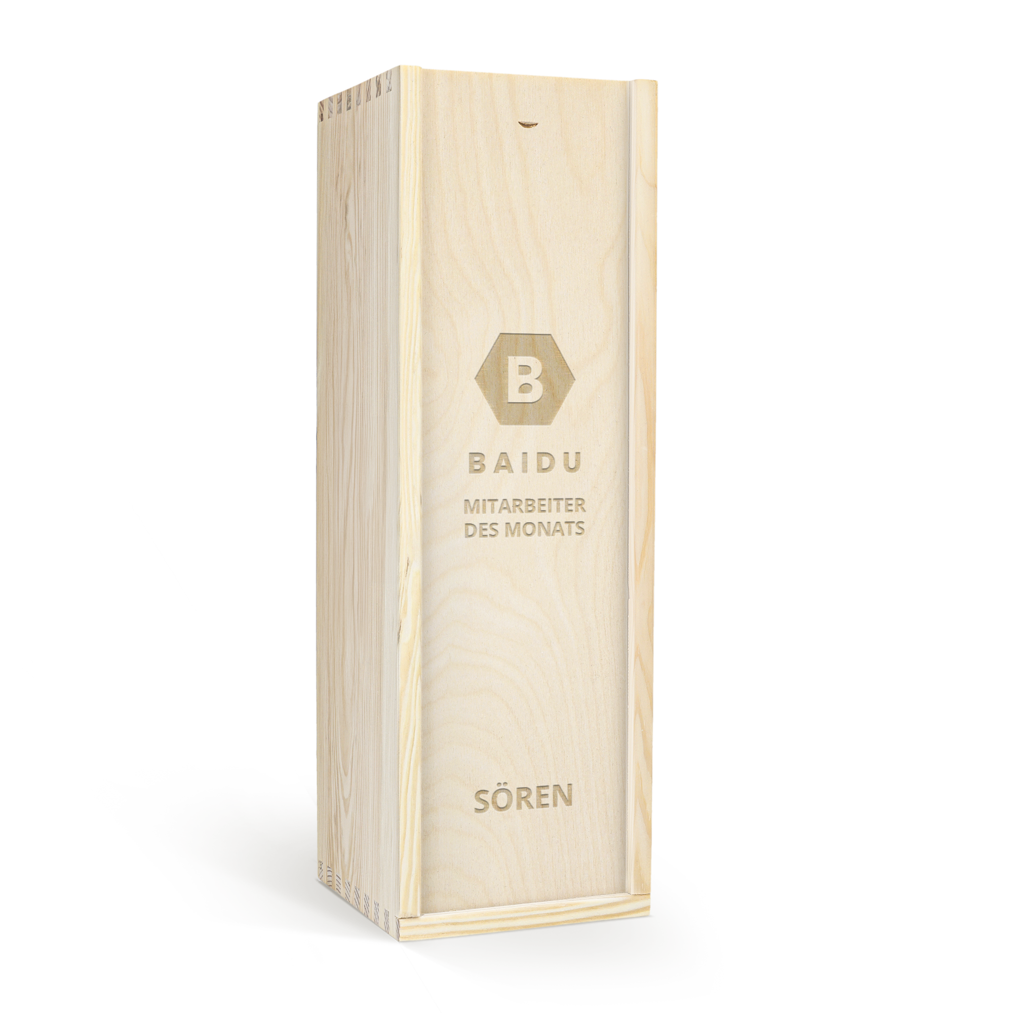 Eine edle Magnum Weinkiste aus hellem Holz mit Gravur "Baidu Mitarbeiter des Monats Sören"