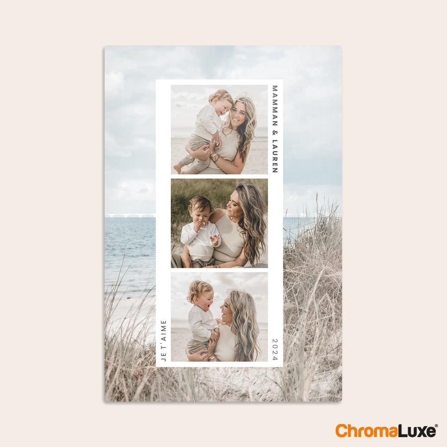 Impression photo sur aluminium Tableau photo personnalisé ChromaLuxe avec trois photos de maman et bébé sur la plage, texte gravé "Maman & Lauren" et "Je t'aime 2024"