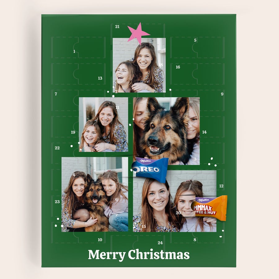 Joulukalenteri kuvalla ja/tai tekstillä - Milka Favourites -suklaa Vihreä henkilökohtainen Milka adventtikalenteri painettuna monilla henkilökohtaisilla kuvilla ja tekstillä "Merry Christmas". Laske jouluun.