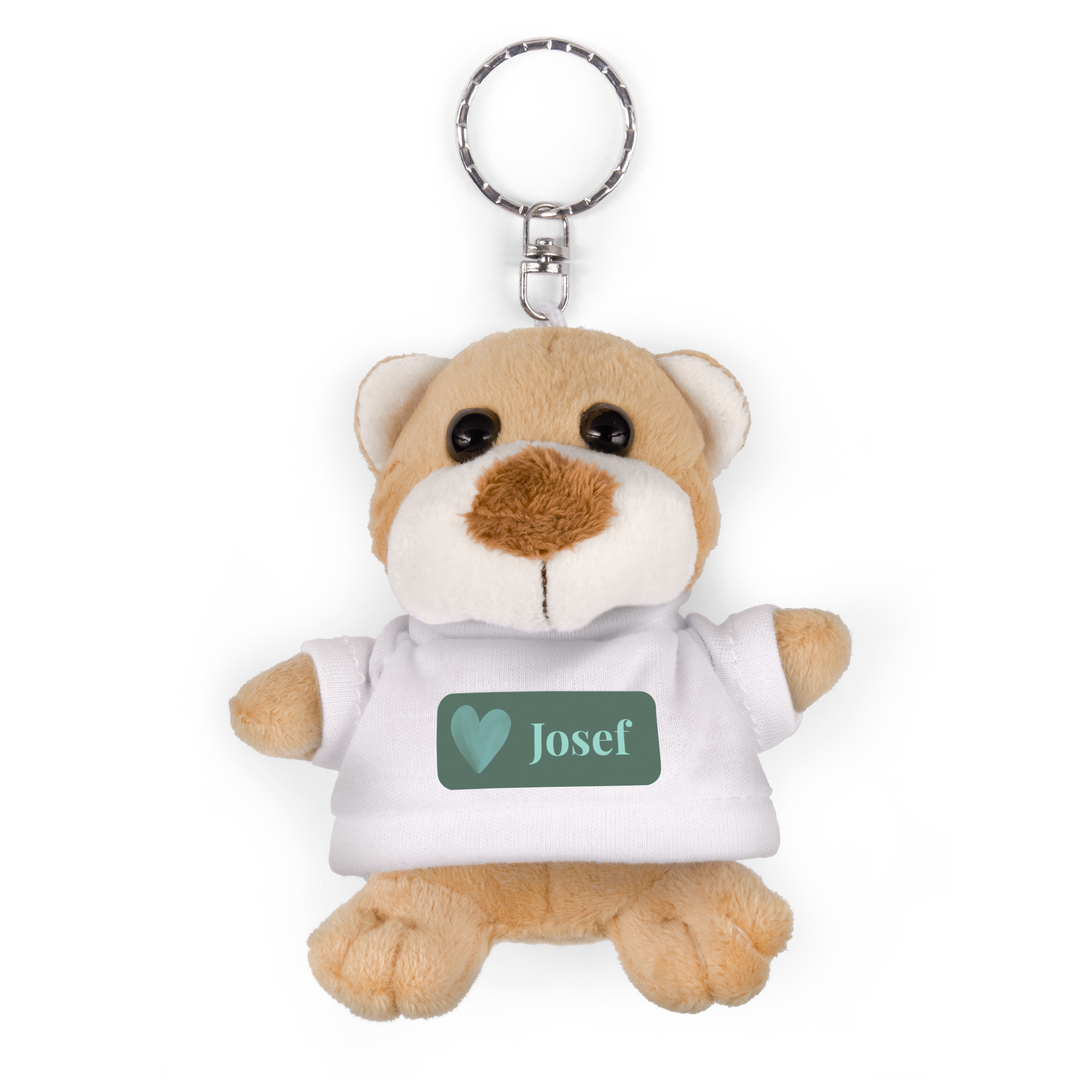 Brun nallebjörn nyckelring med namn Josef tryckt på vit t-shirt med hjärta