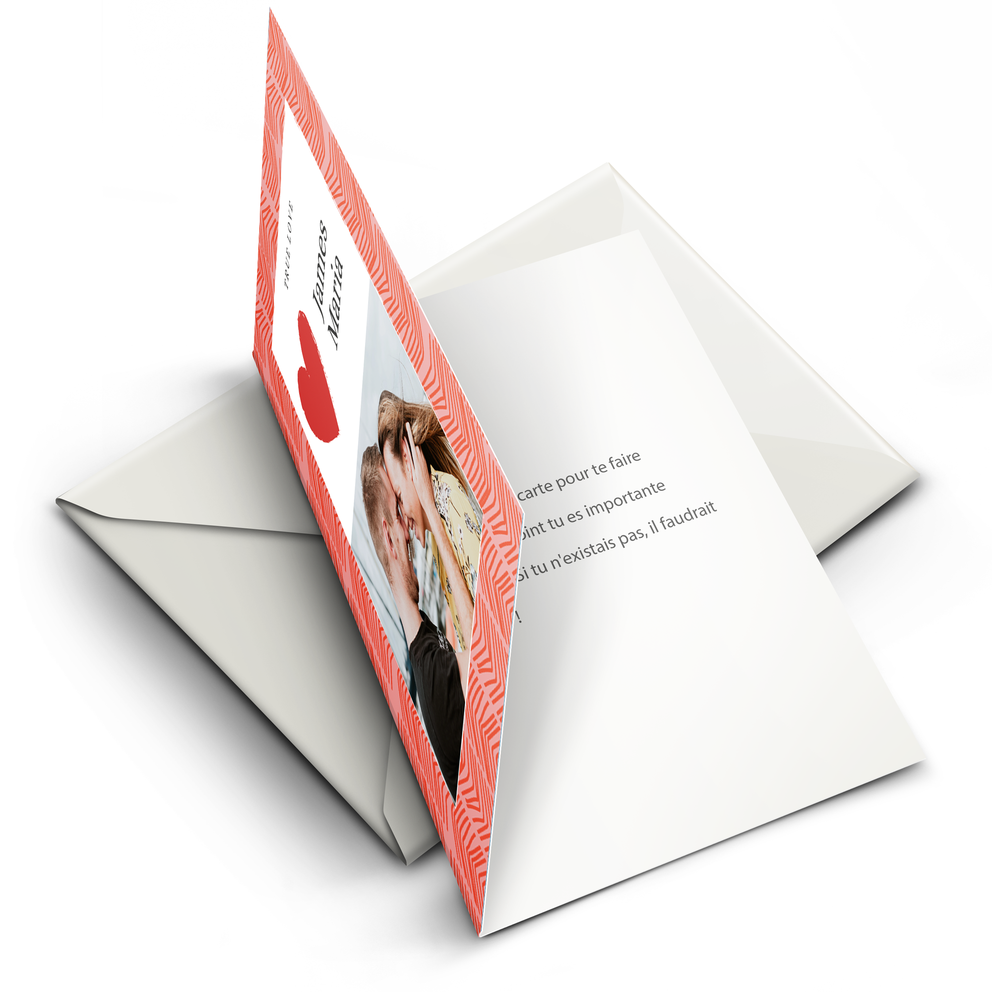 Carte de Saint-Valentin originale personnalisée avec la photo d'un couple, les noms James Maria et un message imprimés