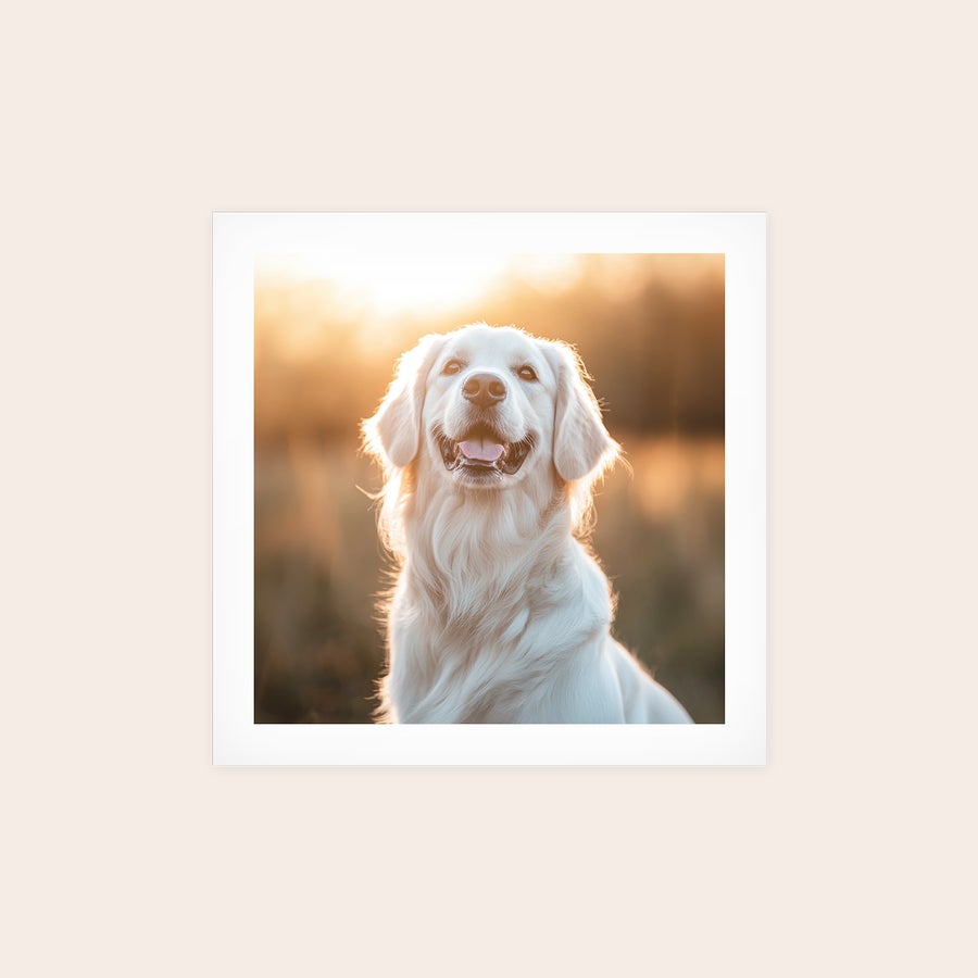 Plakat Plakat med foto af en golden retriever i solnedgang, perfekt til at indfange et yndlingsøjeblik