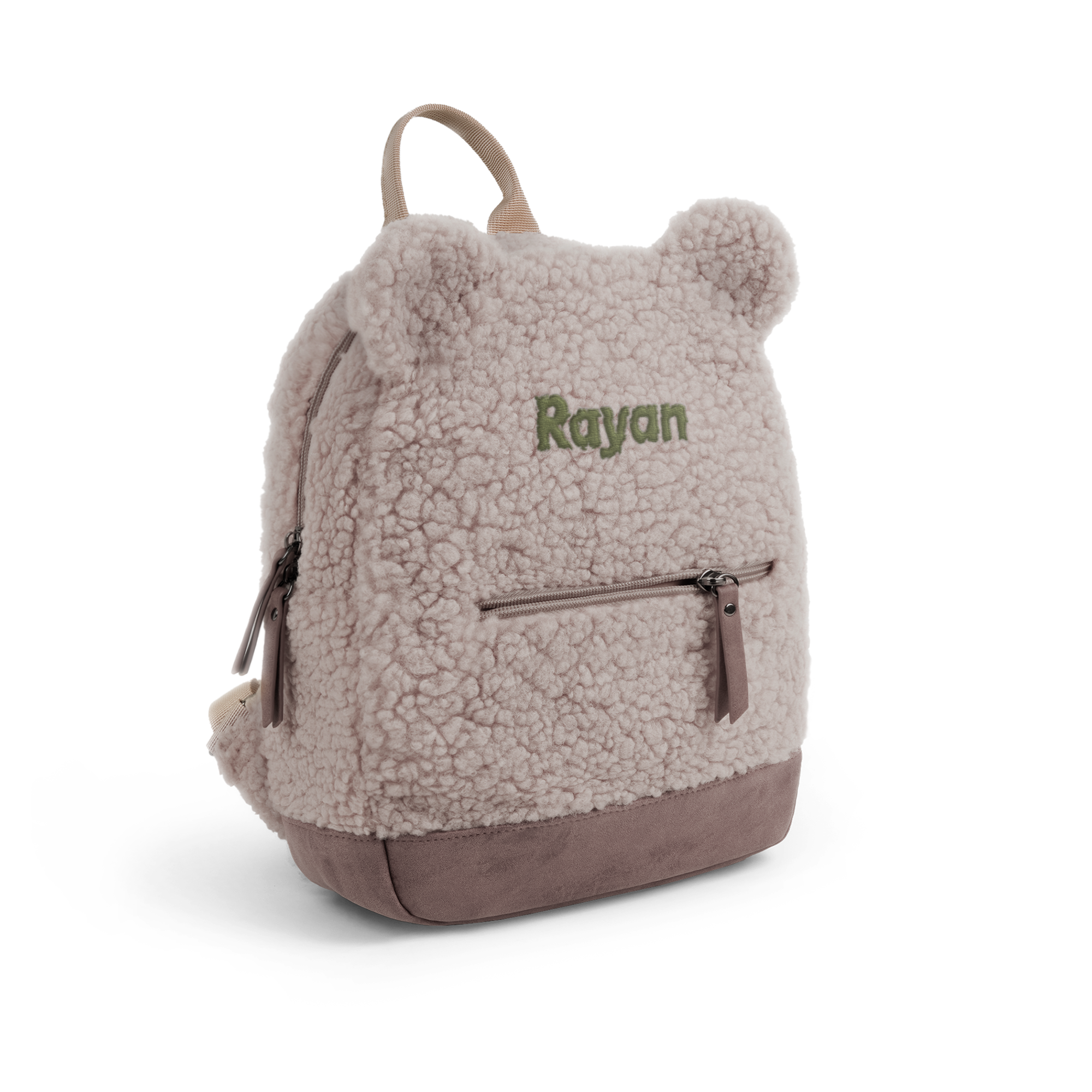 Rucsac de pluș bej cu urechi de urs, personalizat prin brodare cu numele Rayan de culoare verde.