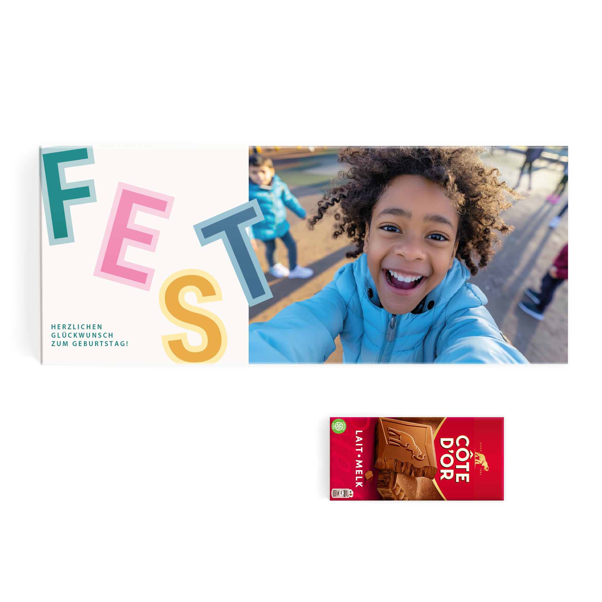 Personalisierte XXL-Schokoladentafel Côte d'Or YSP-Design mit Foto und Herzlichen Glückwunsch zum Geburtstag-Text.