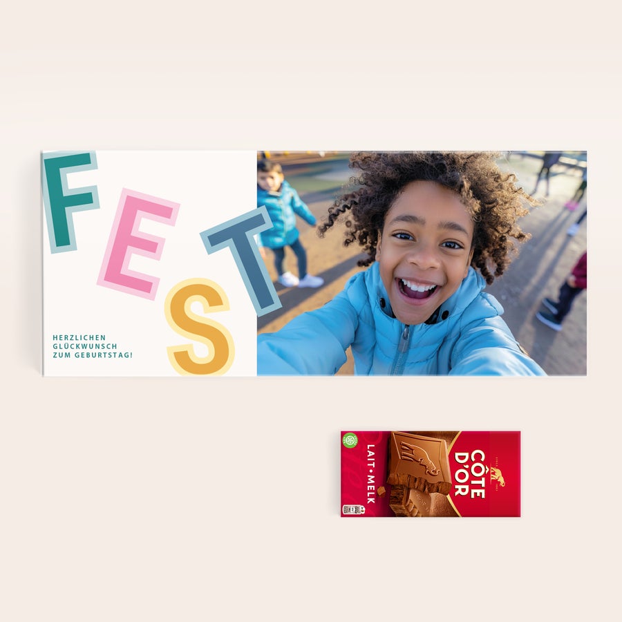 Riesen Côte d'Or Schokolade Personalisiert Personalisierte XXL-Schokoladentafel Côte d'Or YSP-Design mit Foto und Herzlichen Glückwunsch zum Geburtstag-Text.