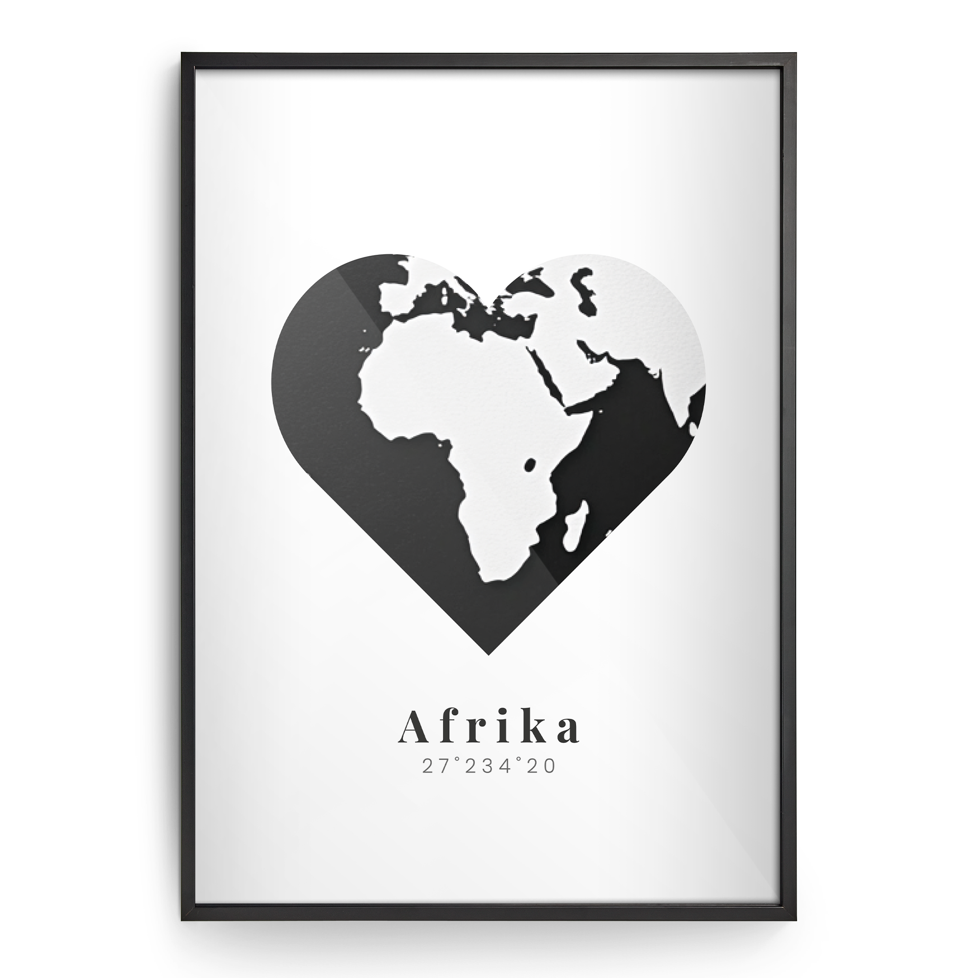 Personalized photo print with a heart-shaped map of Africa and text in a black frame