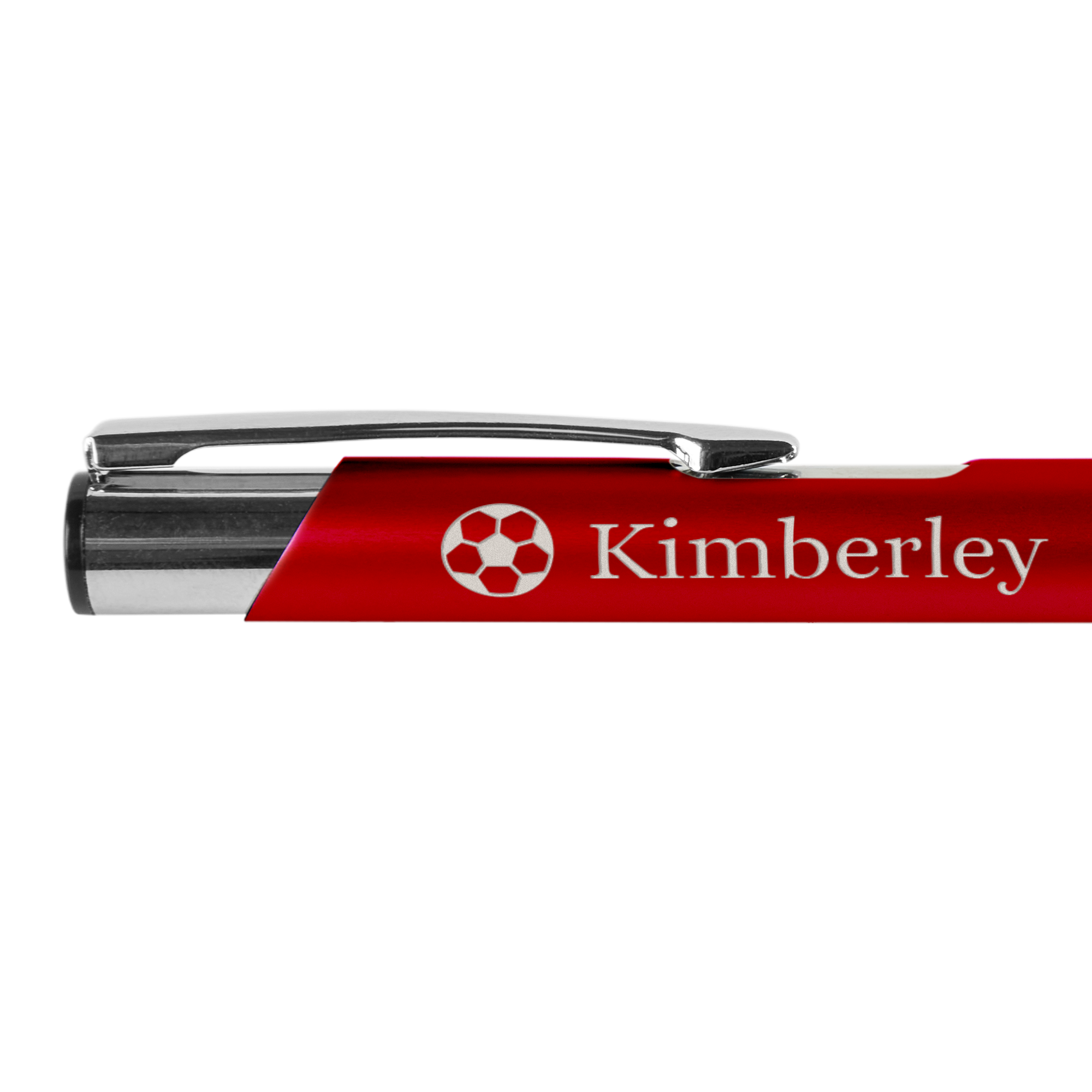 Stylo unique rouge gravé avec le prénom Kimberley et un ballon de football
