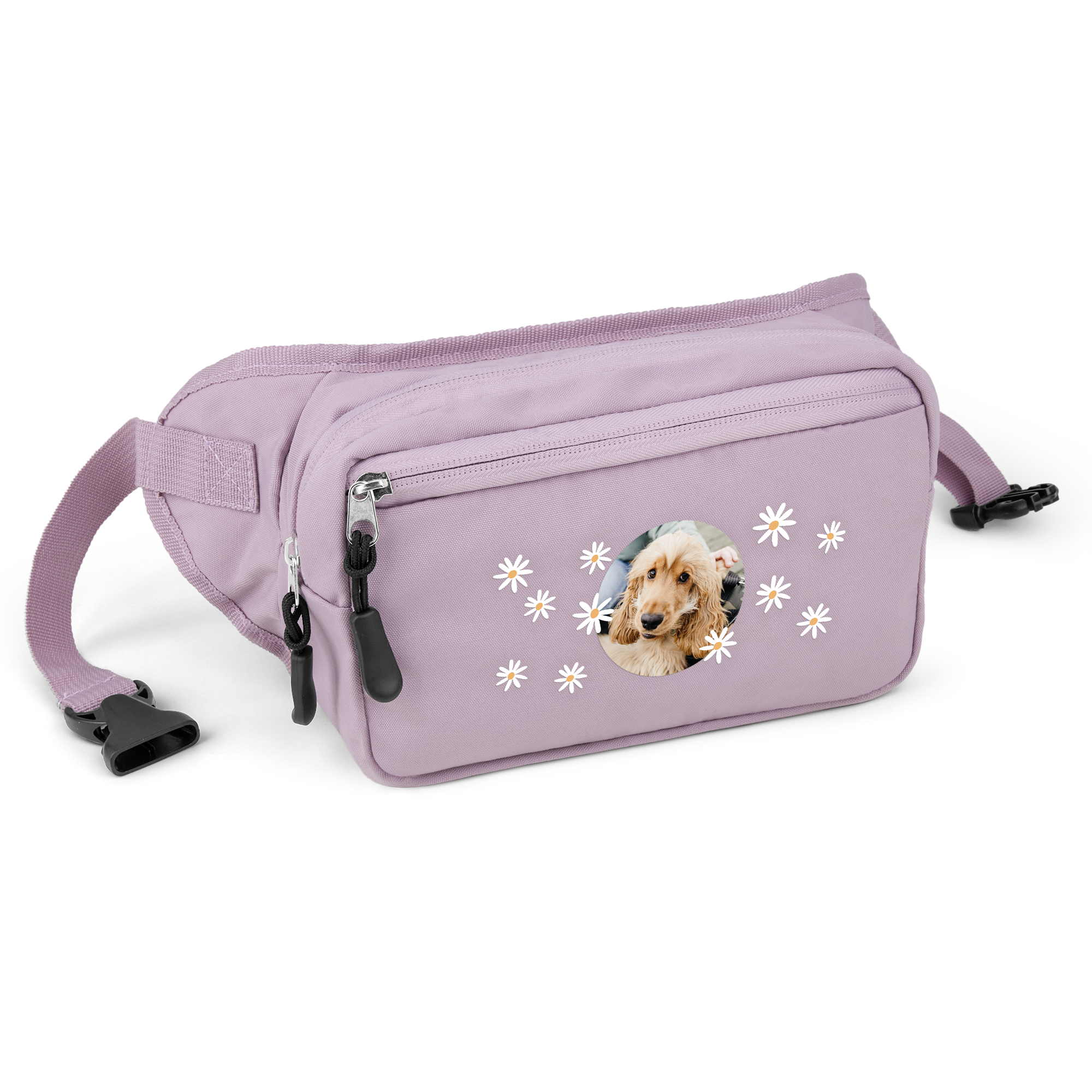 Personalised lilac bum bag printed with a photo of a dog and white daisy graphics
