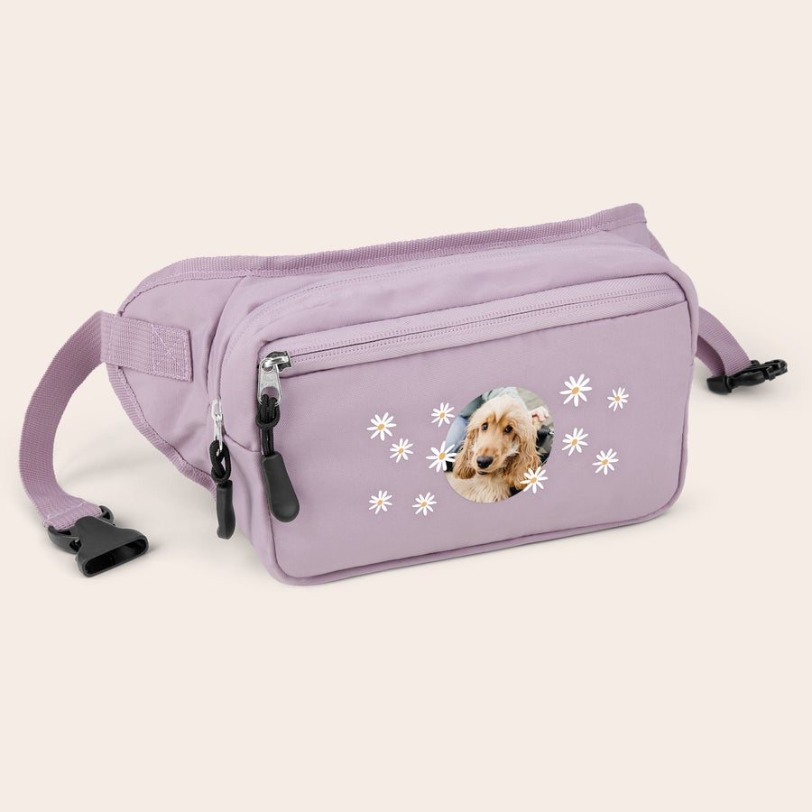 Sac banane personnalisé Sac banane lilas personnalisé avec photo d'un chien et des marguerites imprimées