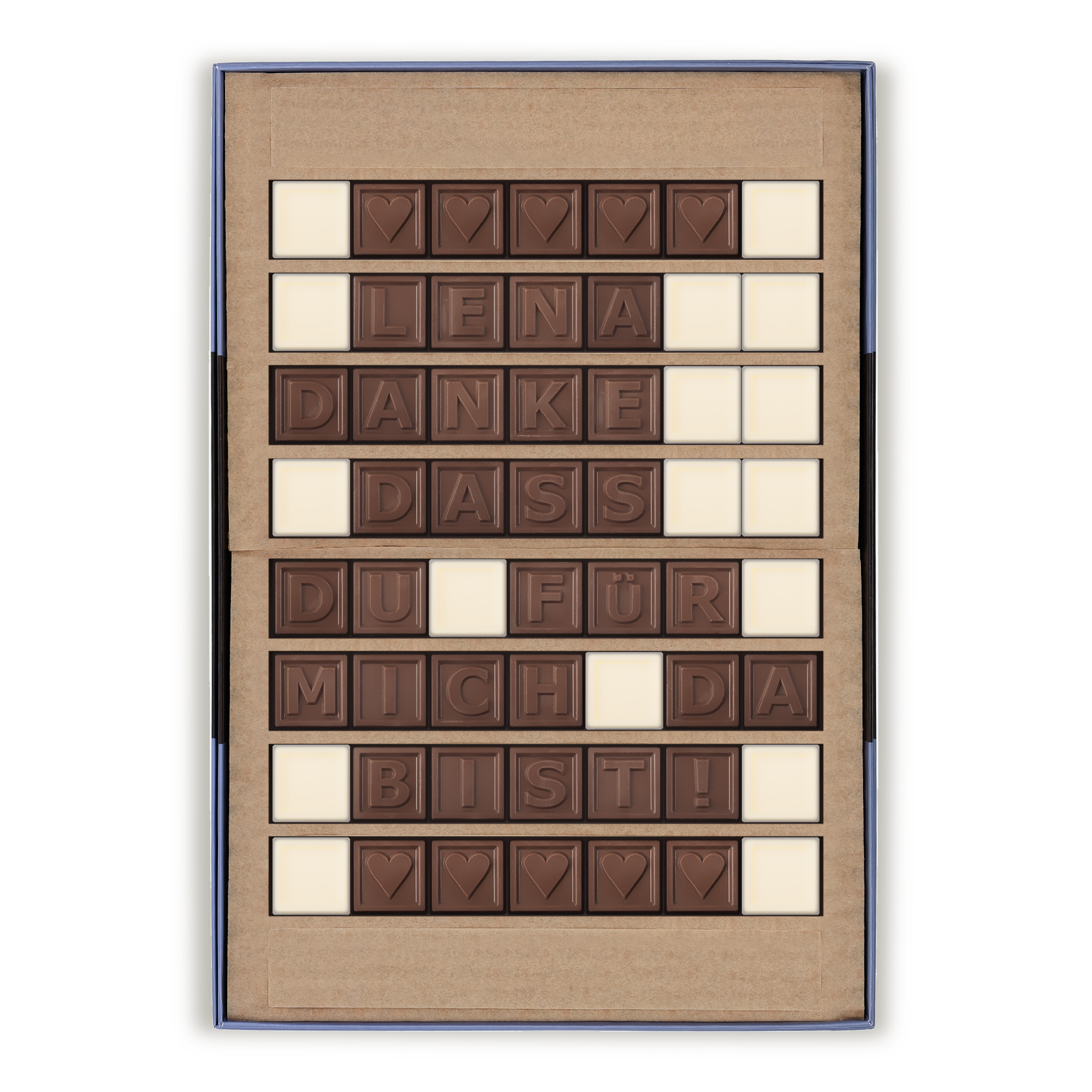 Personalisiertes Schokoladentelegramm mit der Nachricht "LENA DANKE DASS DU FÜR MICH DA BIST" aus Milchschokolade und Herzen, weiß gedruckt, in einer Geschenkbox. Genieße ein persönliches Schokoladentelegramm mit deiner persönlichen Nachricht.