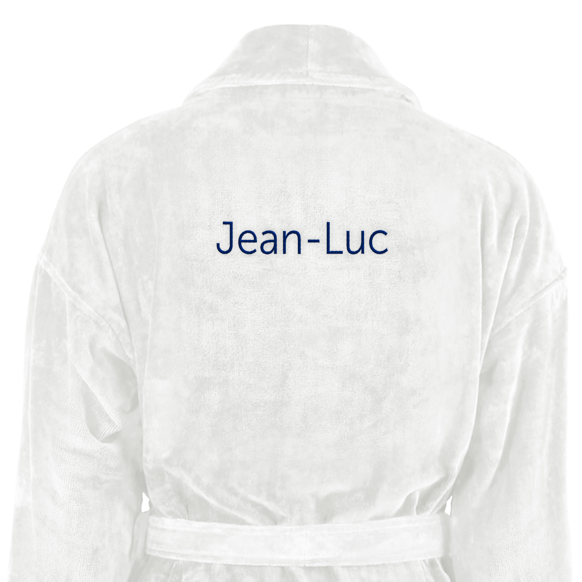 Peignoir blanc pour homme personnalisé avec le prénom Jean-Luc brodé en bleu sur le dos