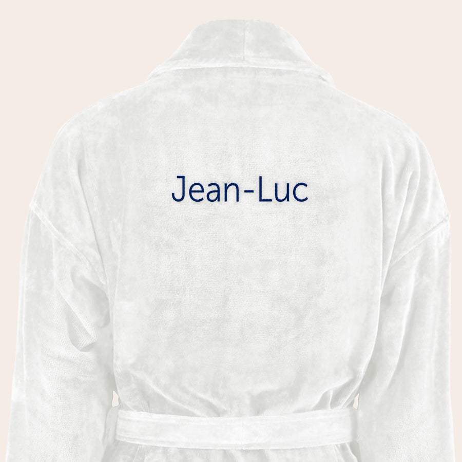 Peignoir Homme Personnalisé Peignoir blanc pour homme personnalisé avec le prénom Jean-Luc brodé en bleu sur le dos