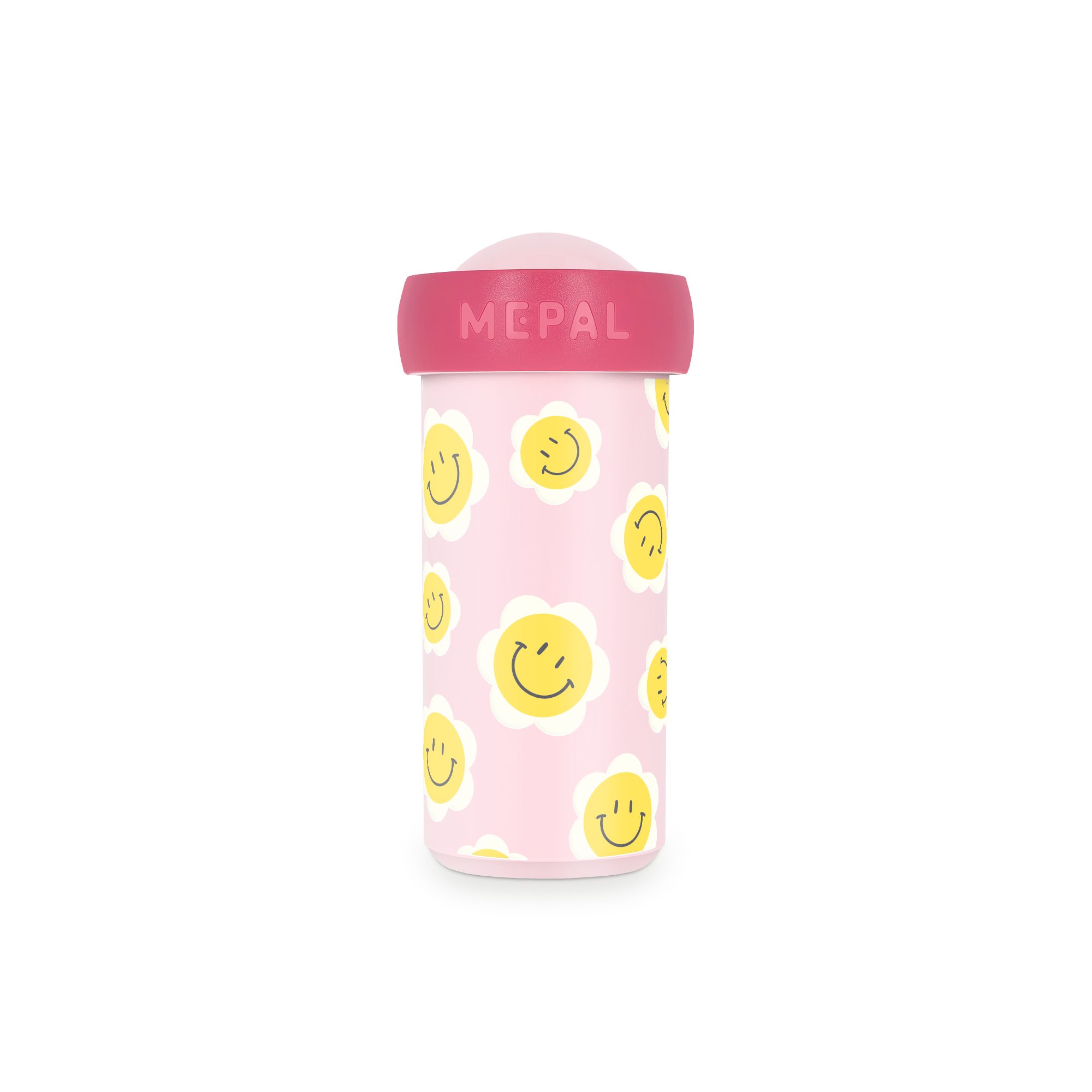 A personalized school cup in pink with a white and yellow smiley face flower pattern, printed with a custom design.