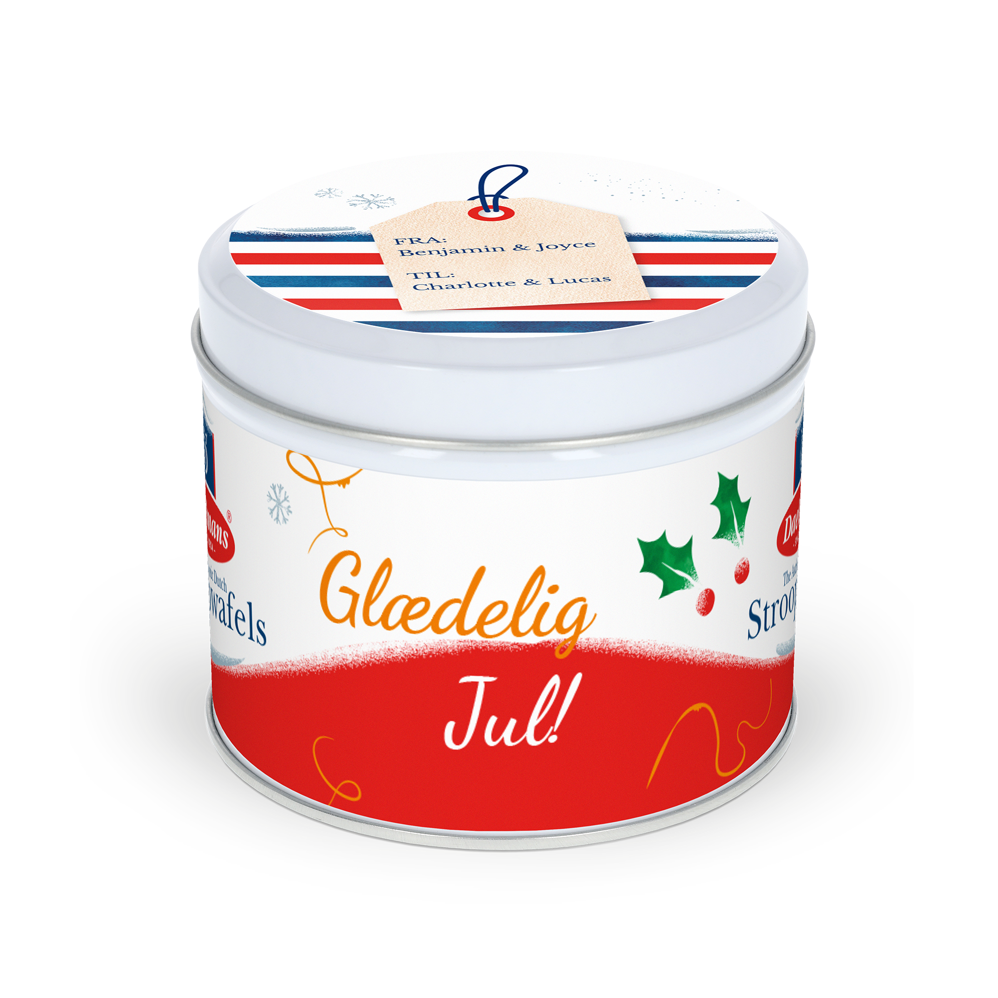 Runde stroopwafels i personlig dåse med Glædelig Jul design og navne trykt på gavemærke