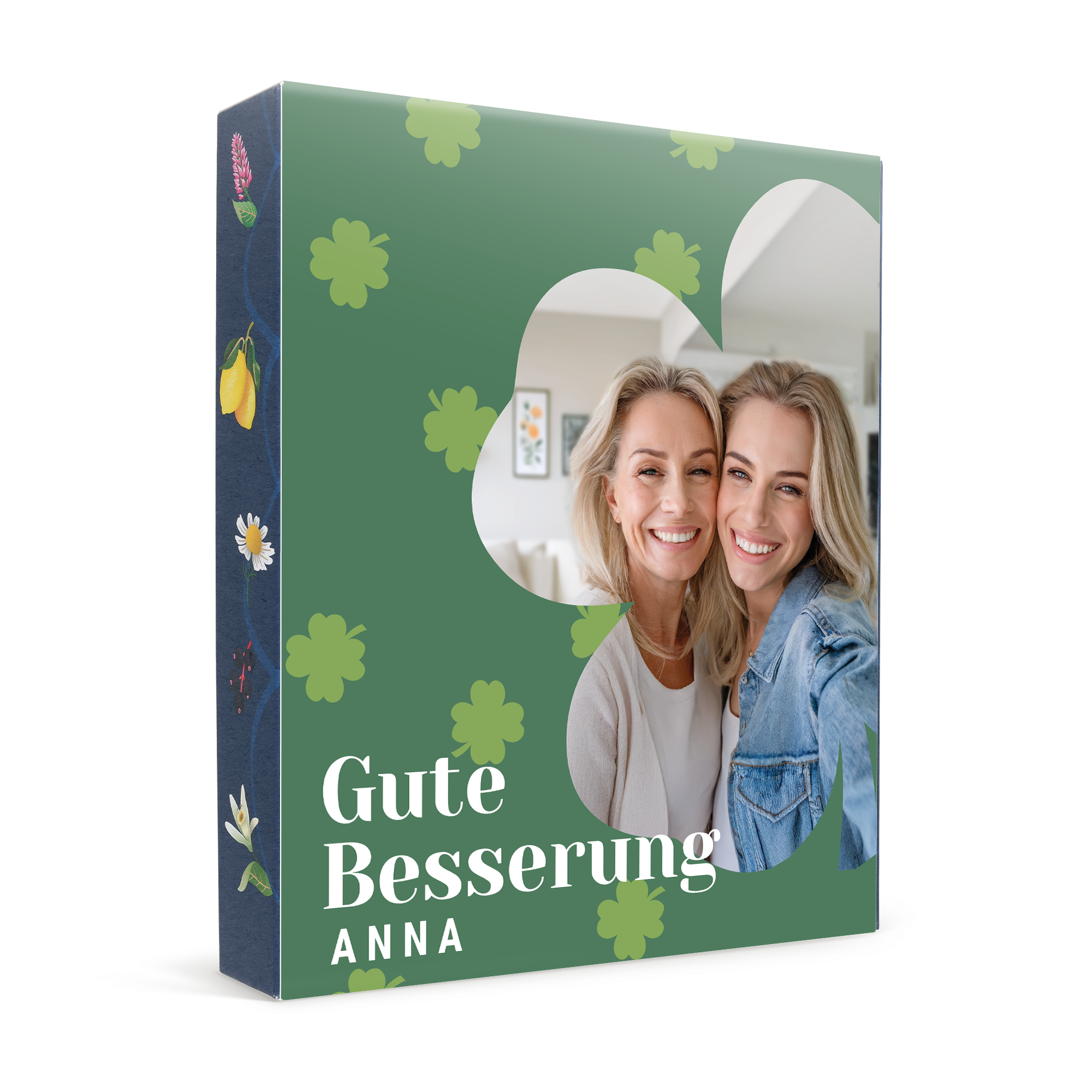 Personalisierte Teebox mit Pukka-Teebeuteln und Foto bedruckt, mit Namen Anna, Botschaft Gute Besserung. Dein eigenes Teeparadies wartet auf dich.