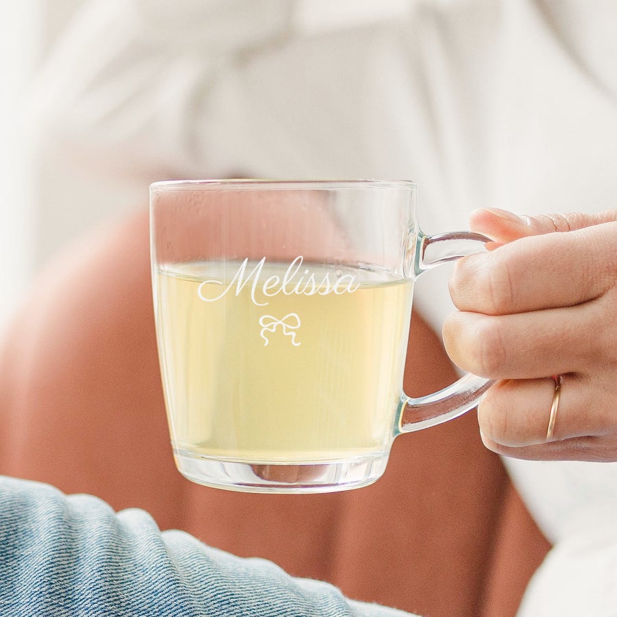 Teeglas mit Gravur Teeglas mit Gravur Melissa und Schleife, personalisierbar