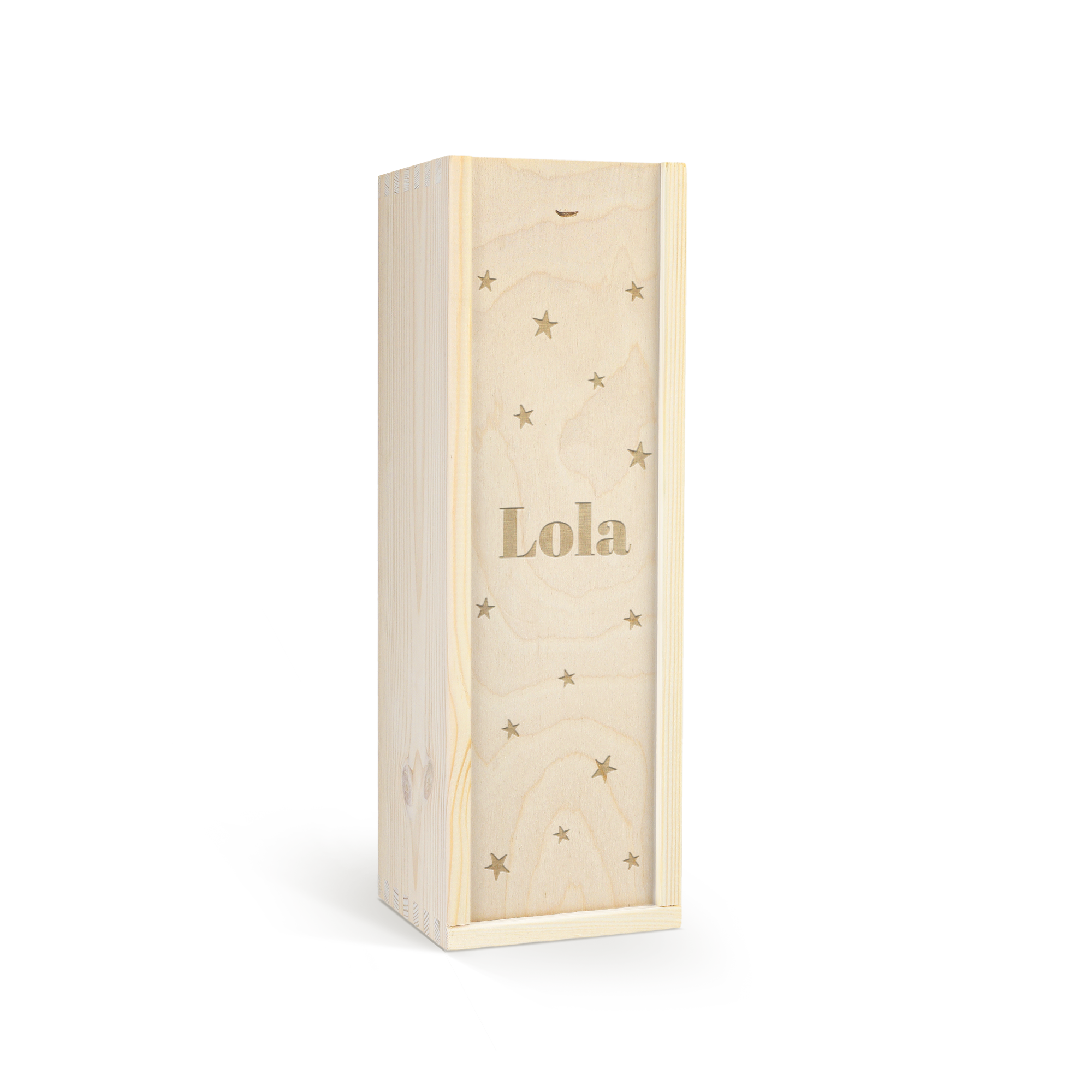 Coffret Kidibul en bois clair personnalisé avec le prénom Lola gravé et des motifs étoiles