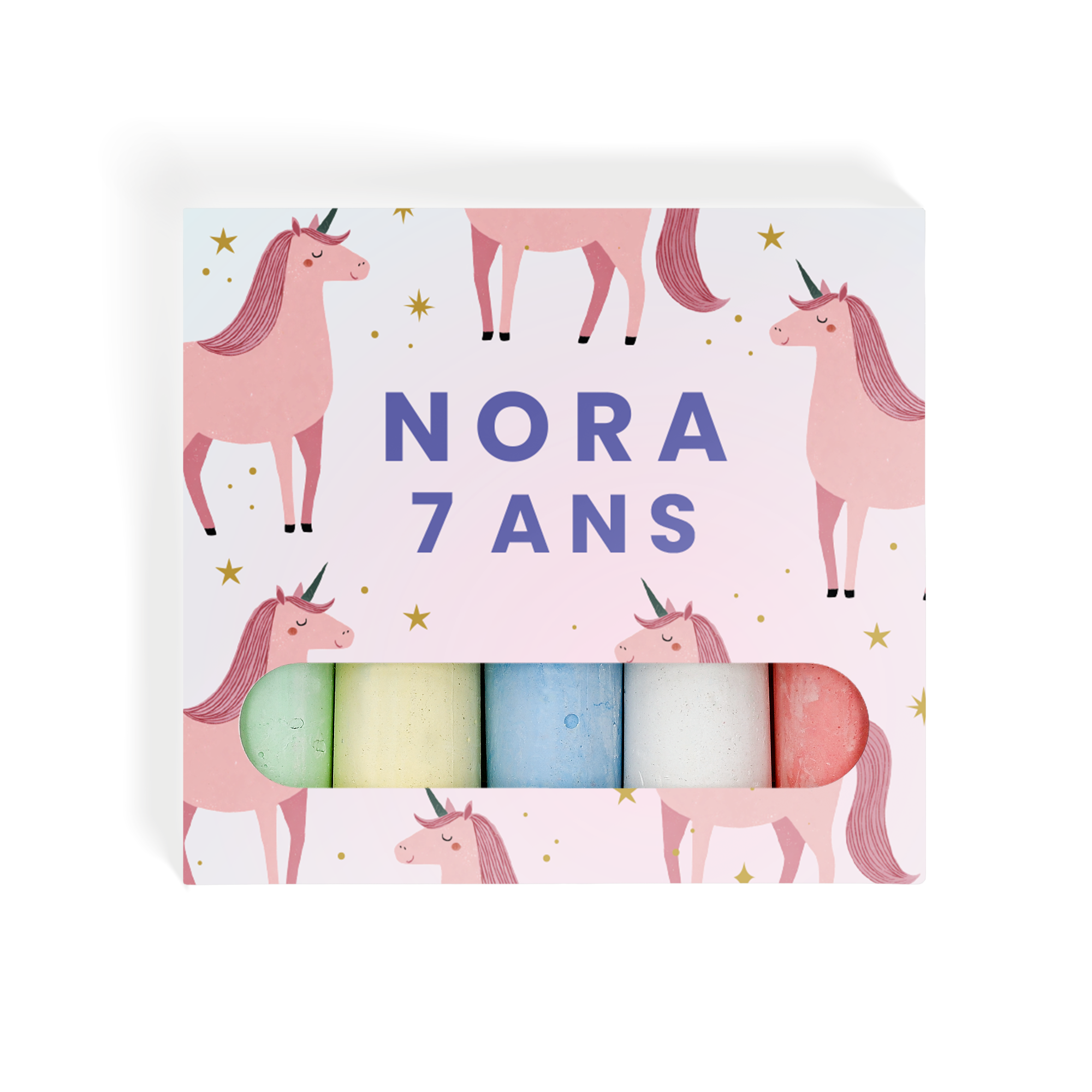Craies de tableau personnalisé - 6 pièces avec motif licorne et prénom NORA 7 ANS imprimé sur la boîte