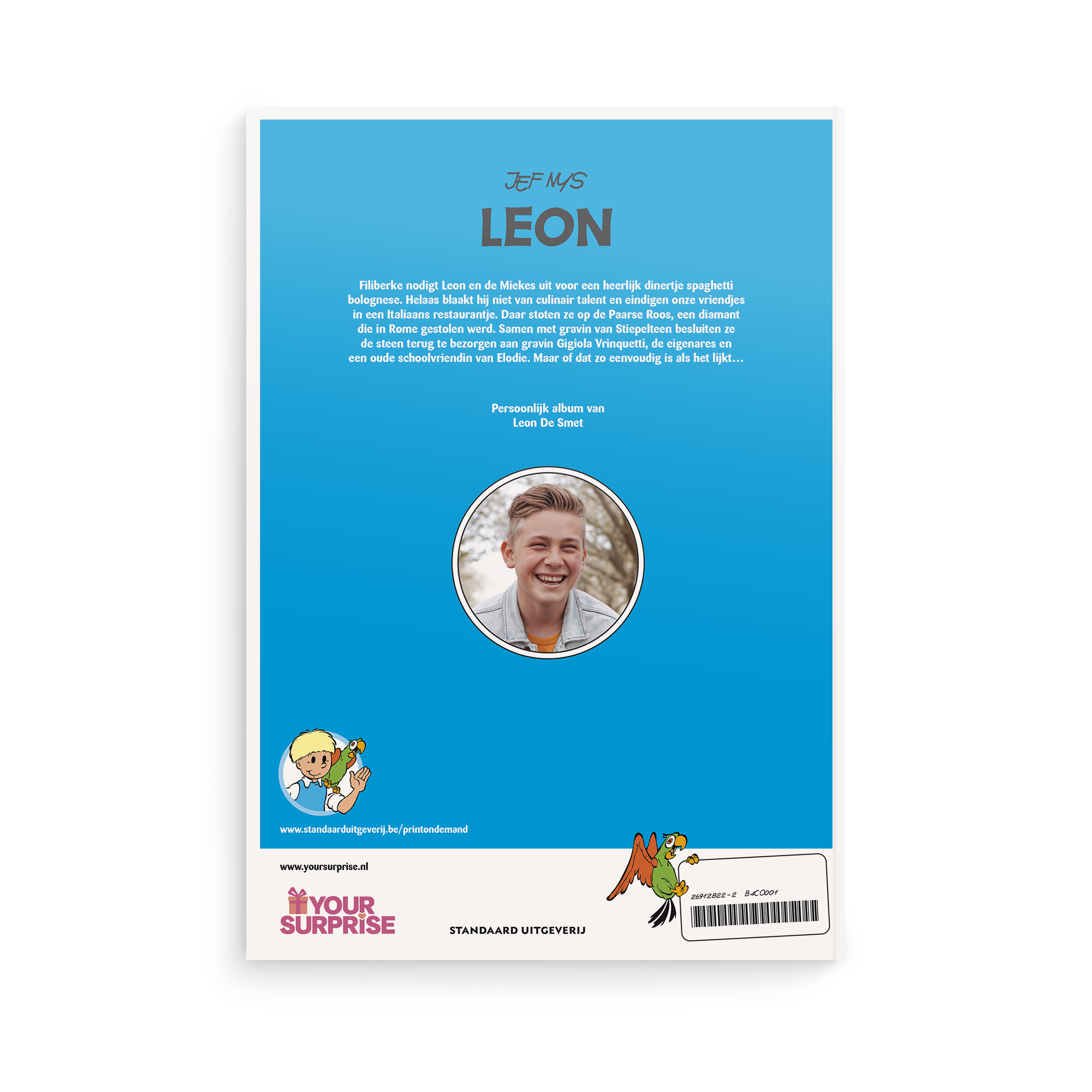 Persoonlijk stripboek - Jommeke 'Spaghetti Met Kaas' (Softcover) met blauwe kaft, eigen naam Leon, en foto van een lachende jongen.