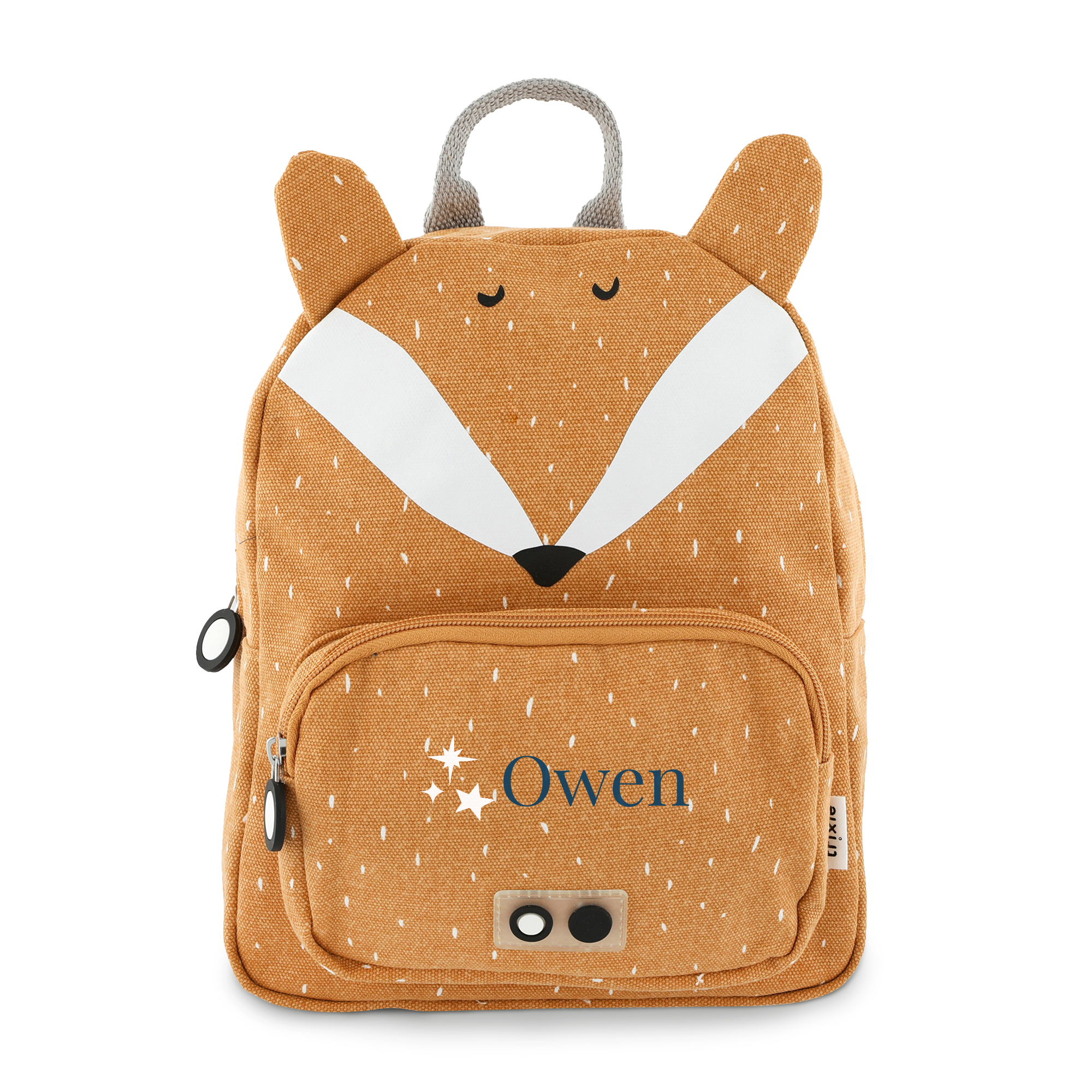 A personalized Trixie children's backpack designed as a fox, printed with the name Owen on the front pocket.