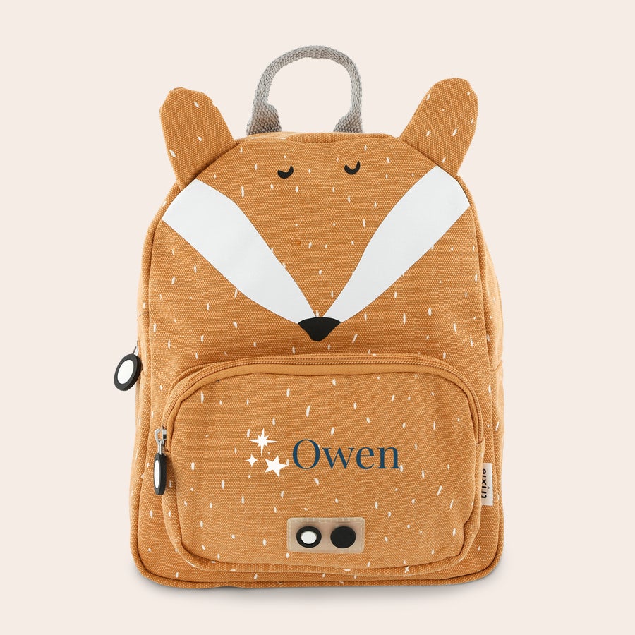 Personalised children's backpack - Trixie A personalized Trixie children's backpack designed as a fox, printed with the name Owen on the front pocket.