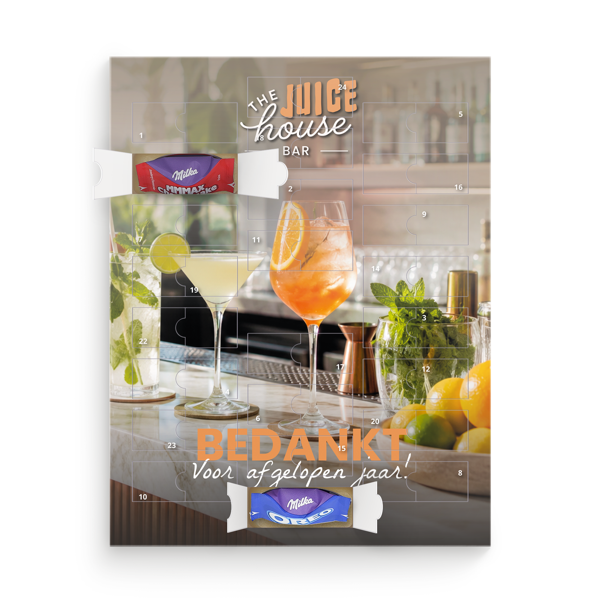 Gepersonaliseerde Milka Favourites adventskalender - eigen design met de tekst "Bedankt voor afgelopen jaar!" en "The Juice House Bar".