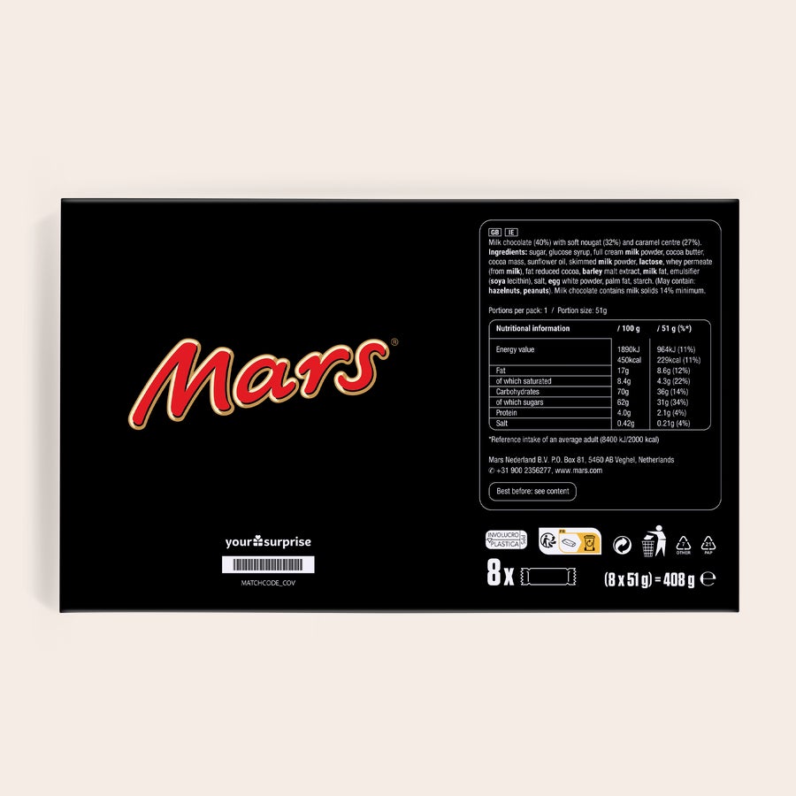 Caja de regalo personalizada de Marte Caja de regalo personalizada de Marte con logo rojo, texto y especificaciones.