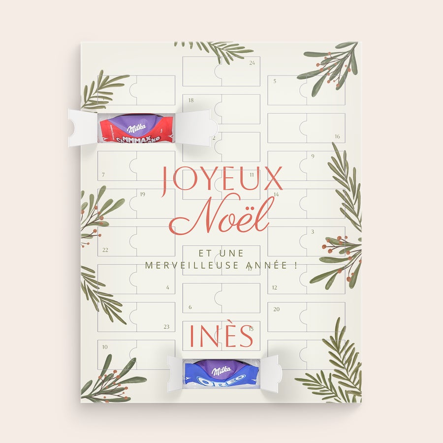 Calendrier de l'avent Milka 2025 Calendrier de l'Avent personnalisé Milka, "Joyeux Noël" imprimé et prénom Inès