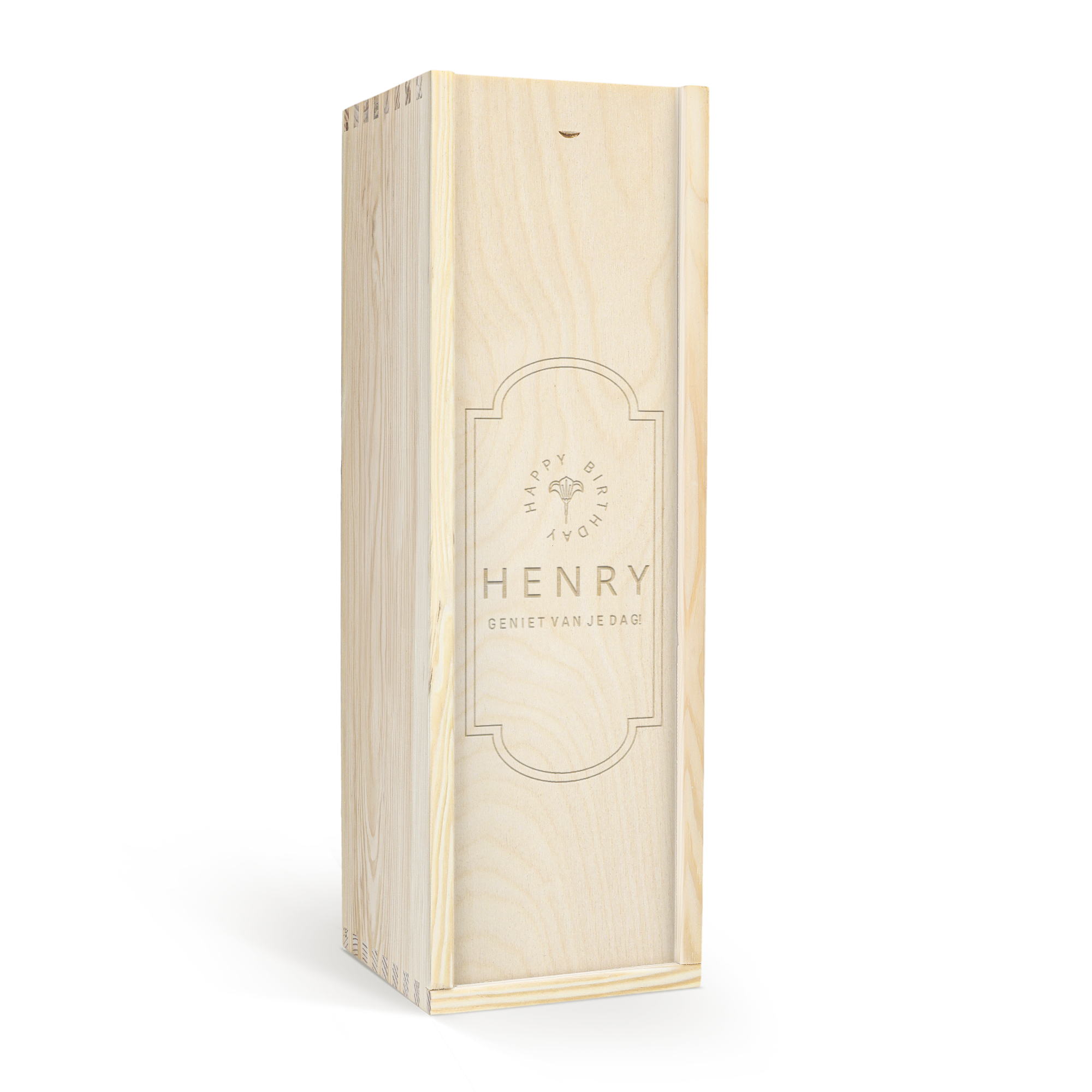 Caja de madera para vino tinto Ramon Bilbao Crianza, grabada con "Happy Birthday HENRY" y "Geniet van je dag!".