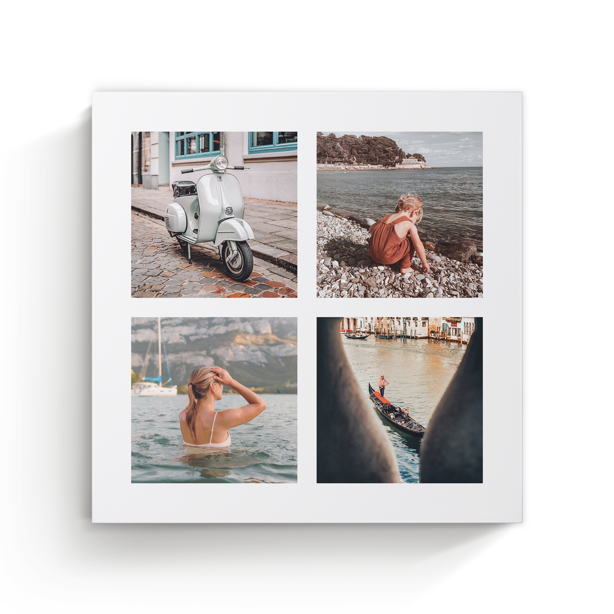 Stampa su tela con cornice nera, collage di quattro foto personalizzate di paesaggi e persone