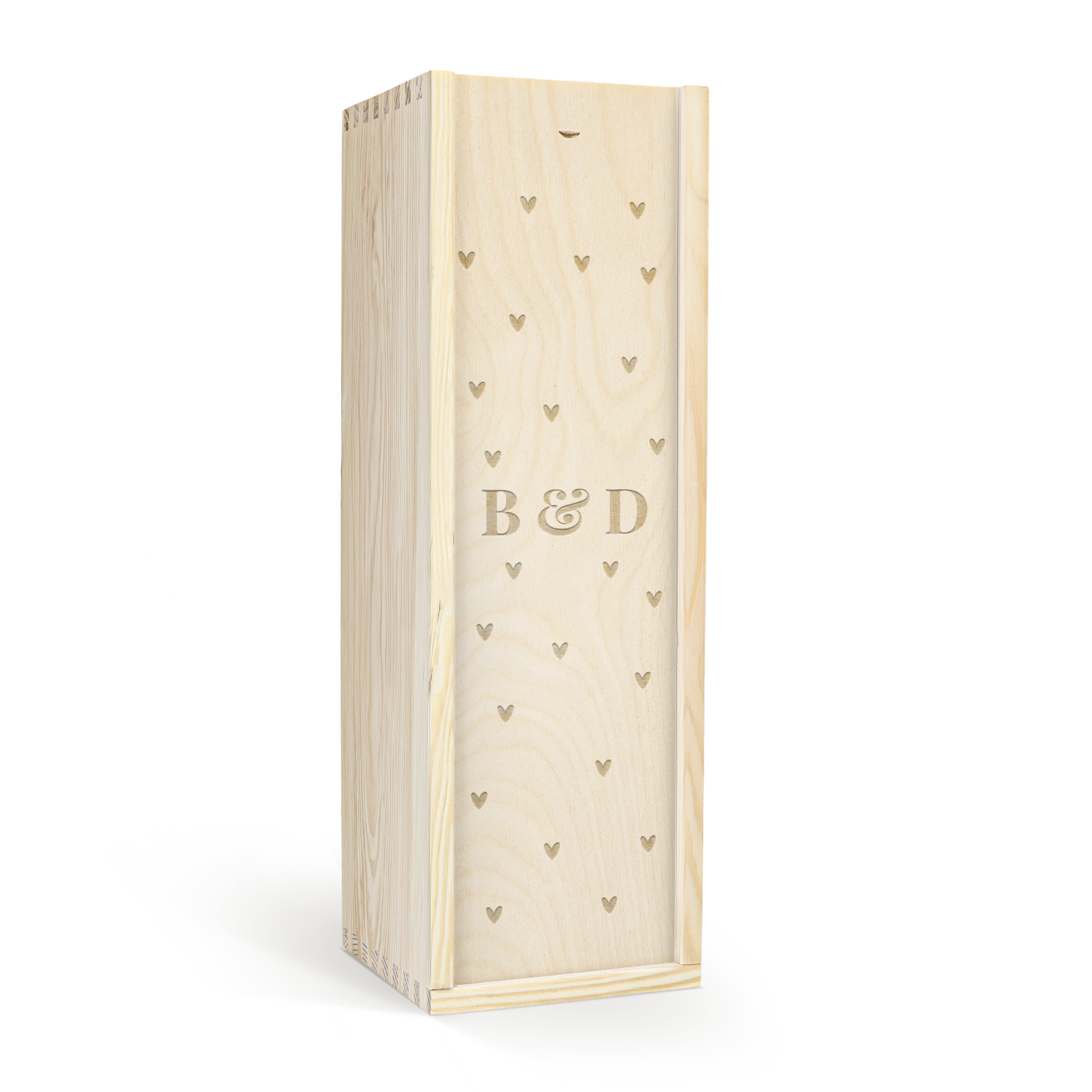 Engraved wooden case for Bacardi Reserva Ocho rum with B & D initials and small hearts