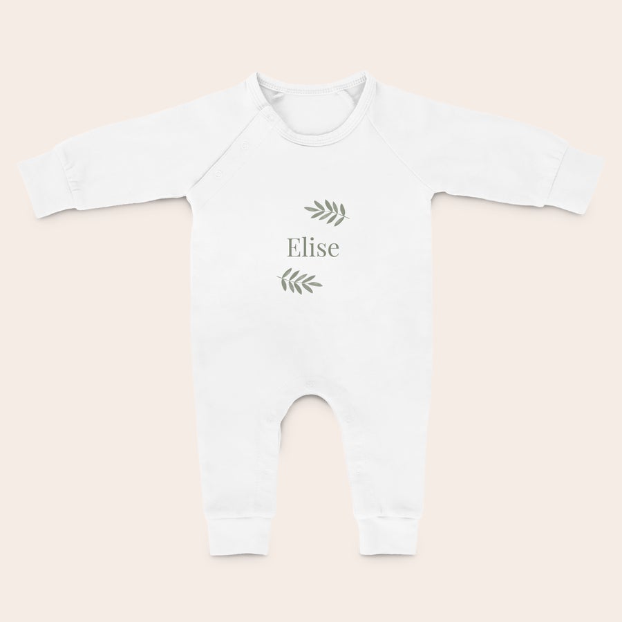 Grenouillère bébé personnalisé Dors-bien blanc personnalisé avec prénom Elise et motifs de feuilles pour apprendre à marcher