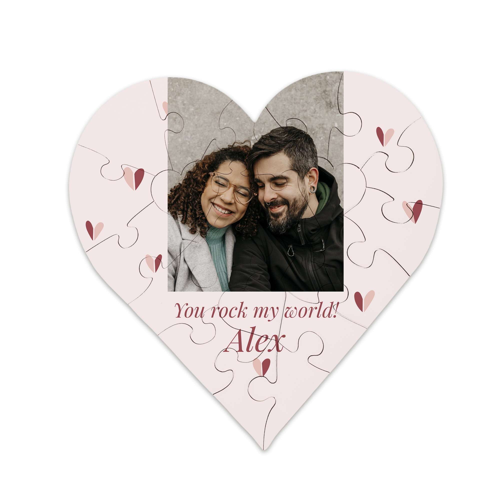 Puzzle coeur personnalisé avec photo d'un couple souriant, message You rock my world Alex imprimé