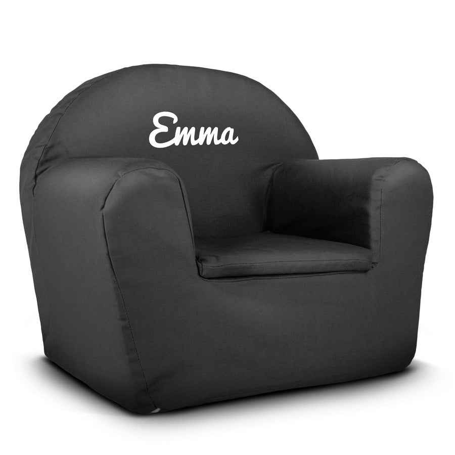 Poltroncina per bambini personalizzata nera con nome Emma stampato in bianco