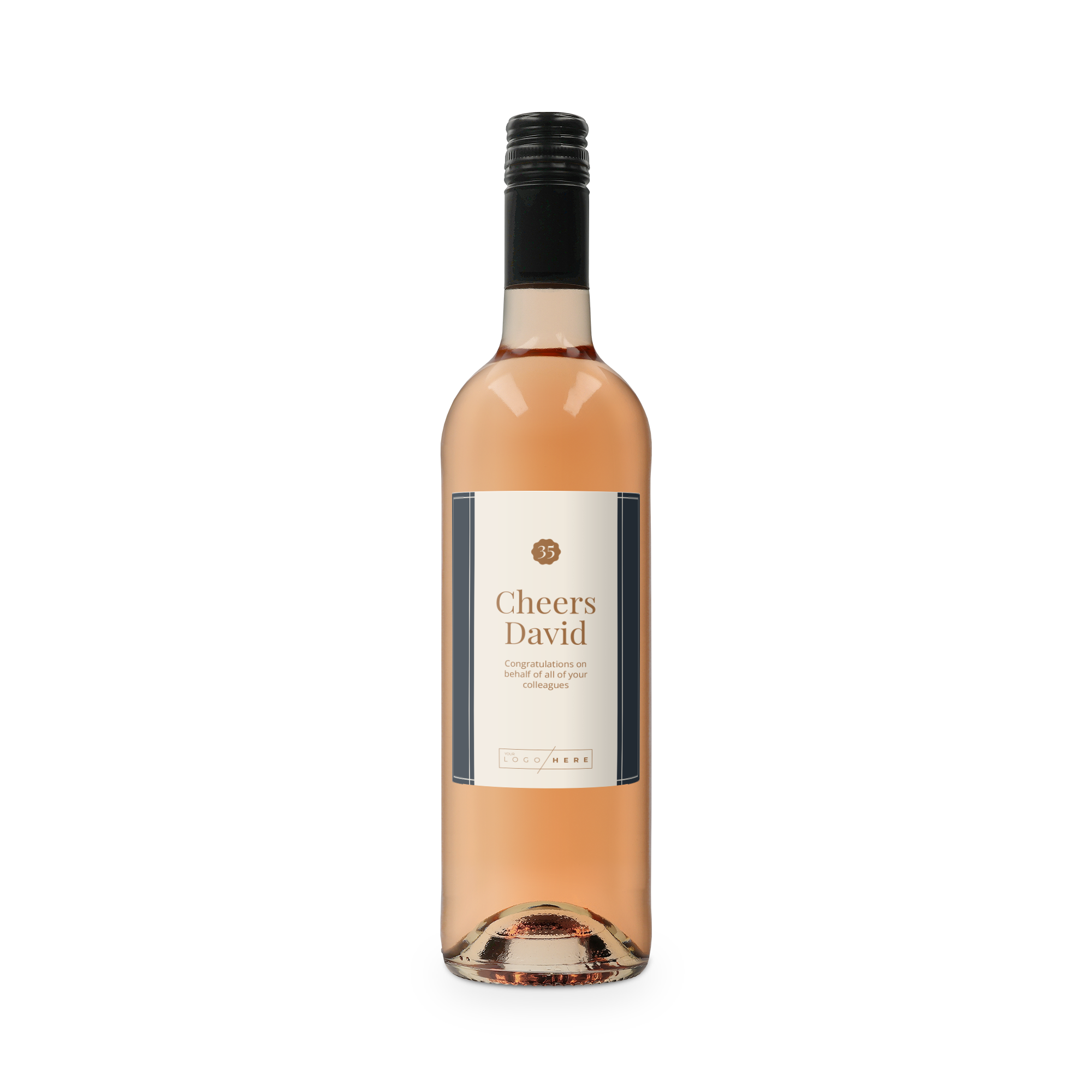 Botella de vino rosado Belvy con etiqueta personalizada, impresa con "Cheers David" y logo.