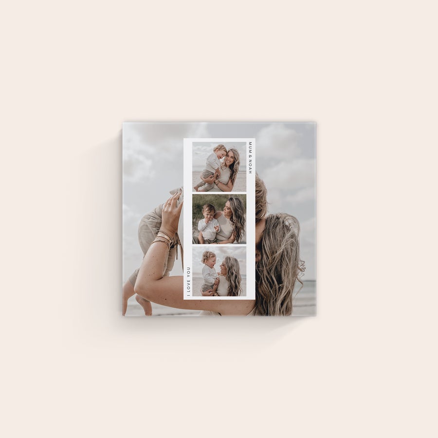 Personalised photo canvas Personalized photo canvas with printed photos of a woman and child, text "Mum & Noah" and "I love you"