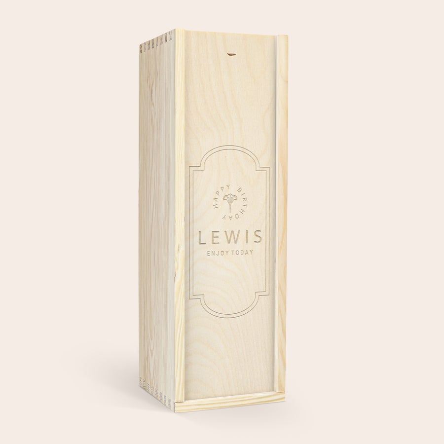 Personalised Wine - Ramon Bilbao Crianza Wooden wine case engraved with "Happy Birthday Lewis Enjoy Today" for a delicious bottle Ramon Bilbao Gran Crianza red wine