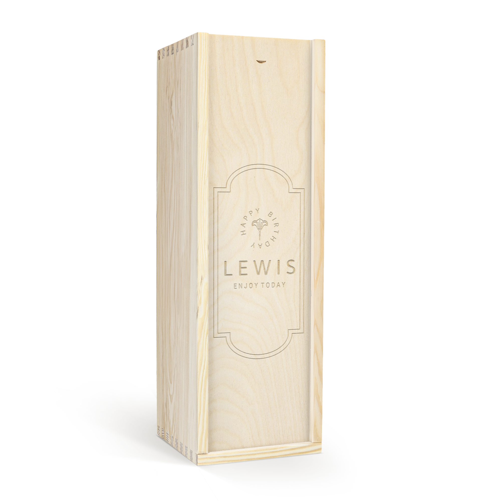 Caixa de madeira gravada com nome LEWIS e Feliz Aniversário para um presente de vinho AIX rosé Magnum