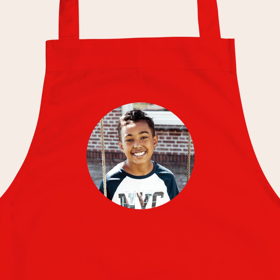 Grembiule per bambini Grembiule rosso per bambini personalizzato con foto stampata di un bambino sorridente