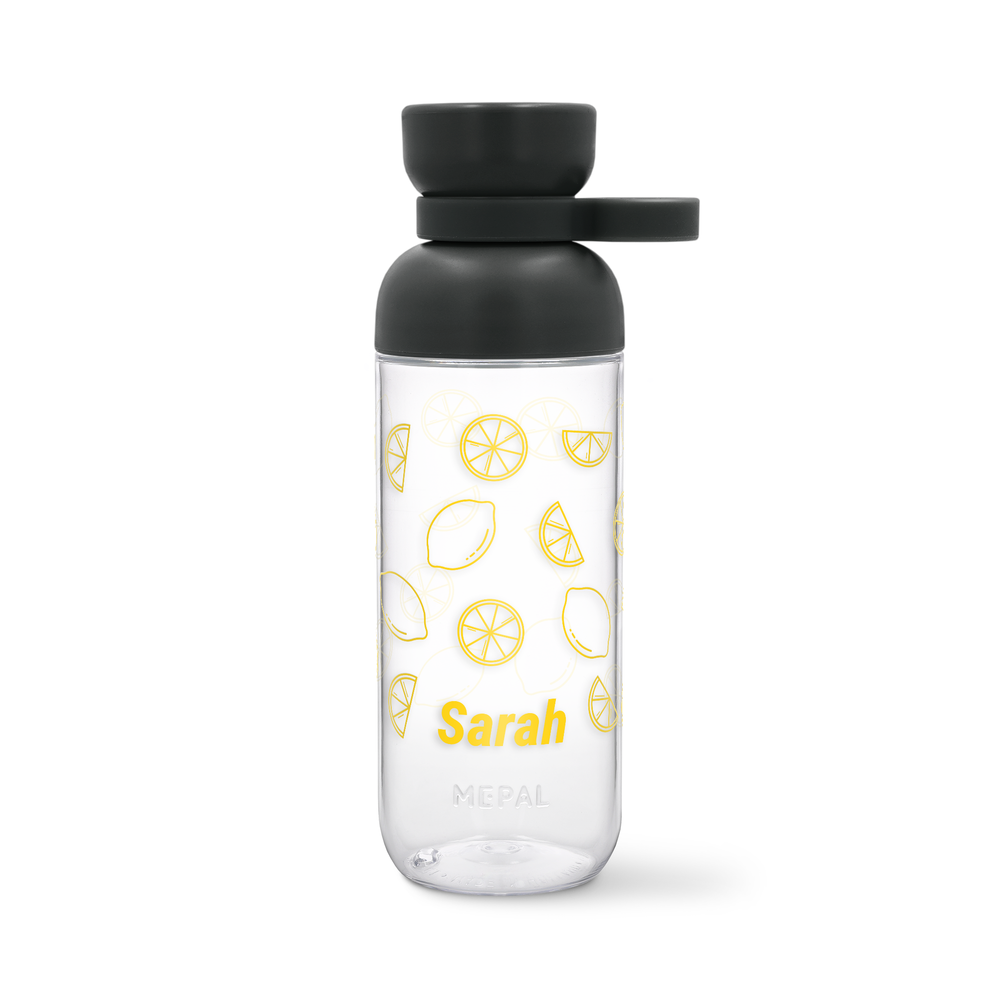 Clear Mepal water bottle with printed yellow lemon pattern and the personalized name Sarah