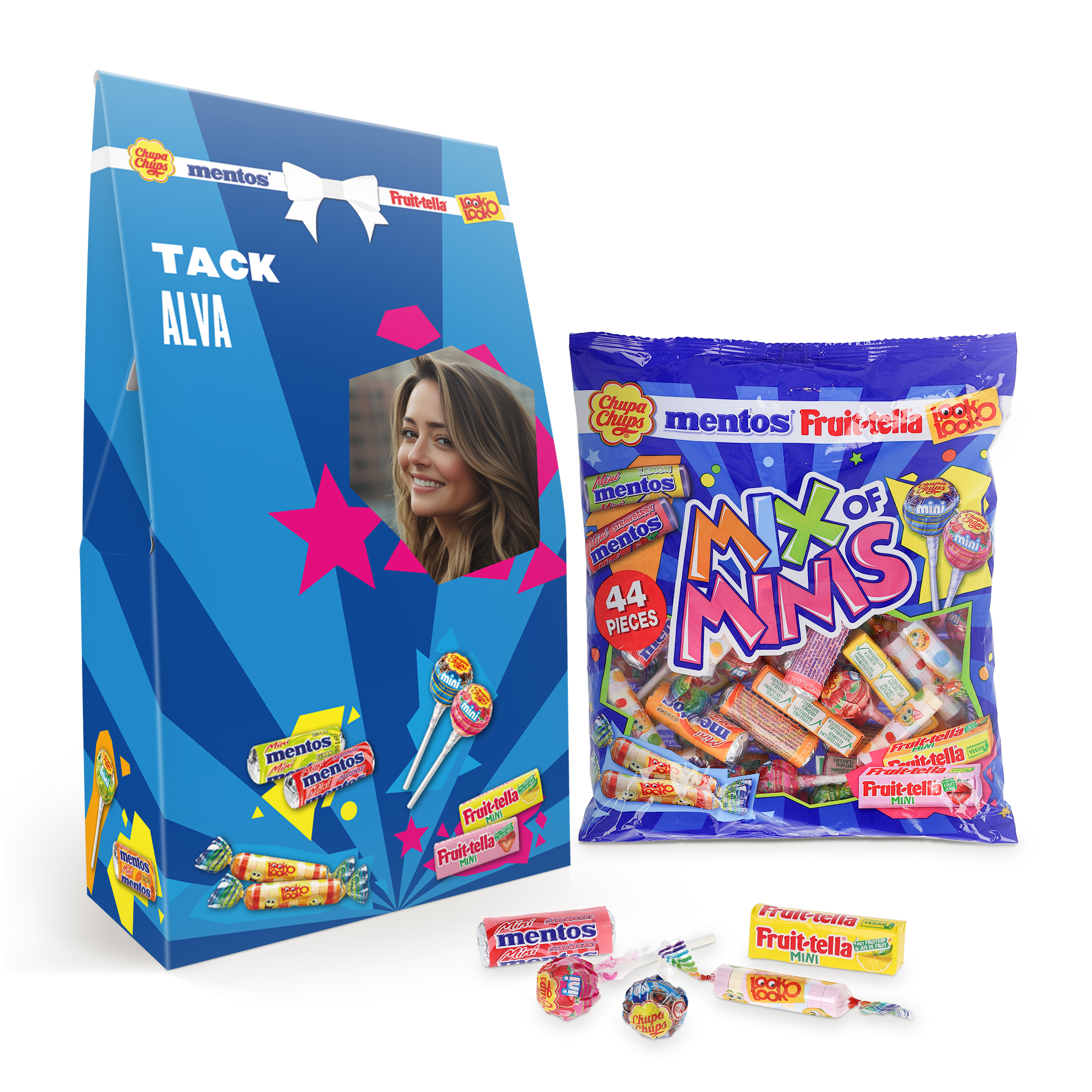 Personlig Fruit-tella godismix i blå förpackning med tryckt bild på en kvinna och texten "Tack Alva".