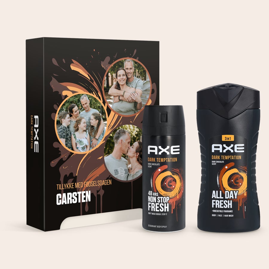 Personligt øksegavesæt - Dark Temptation Axe-gavesæt med personligt cover, trykt med billeder, teksten "Tillykke med fødselsdagen Carsten" og mørke Axe-produkter.