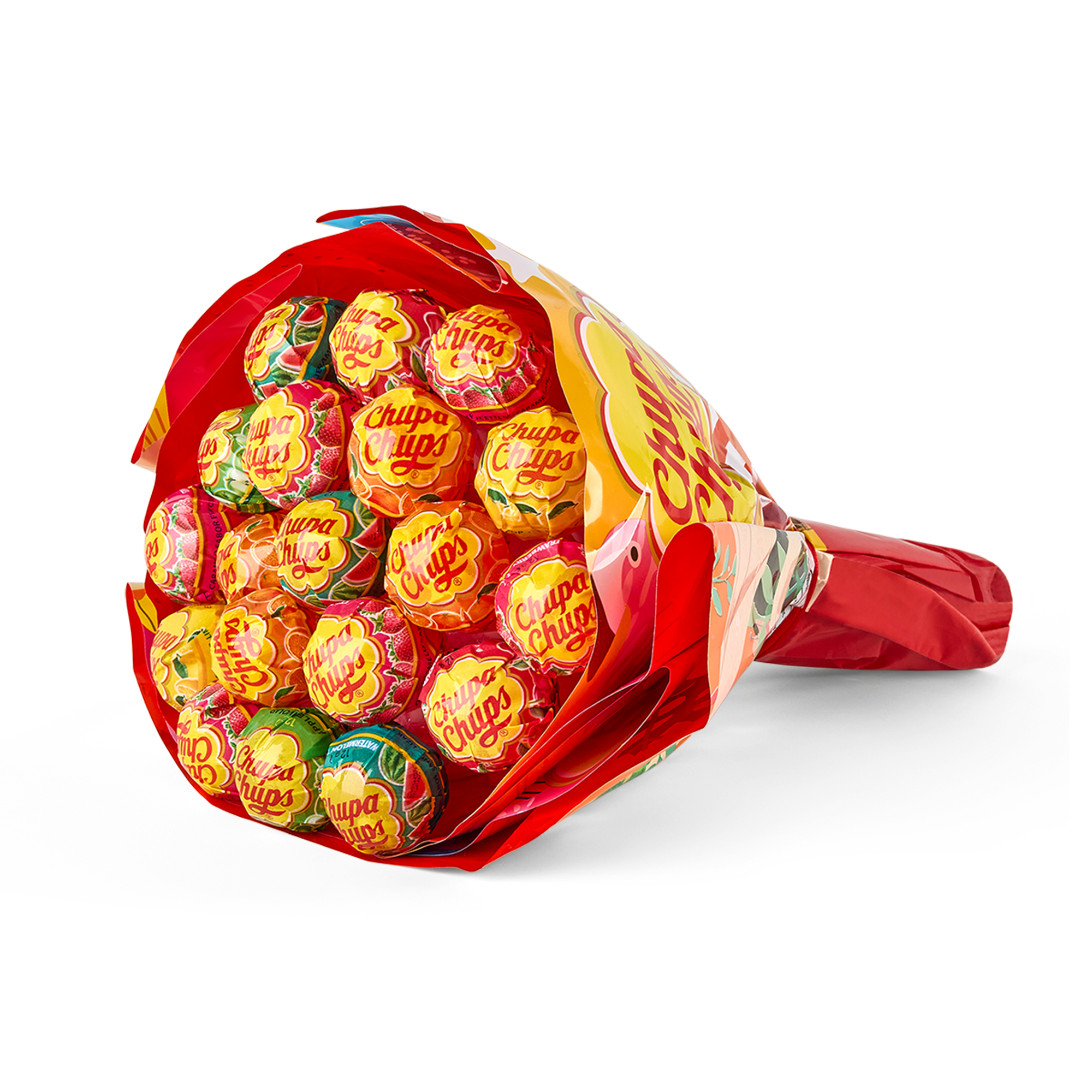 Personalizované lízátko Chupa Chups v barevné kytici, s potiskem na obalu pro dárek.