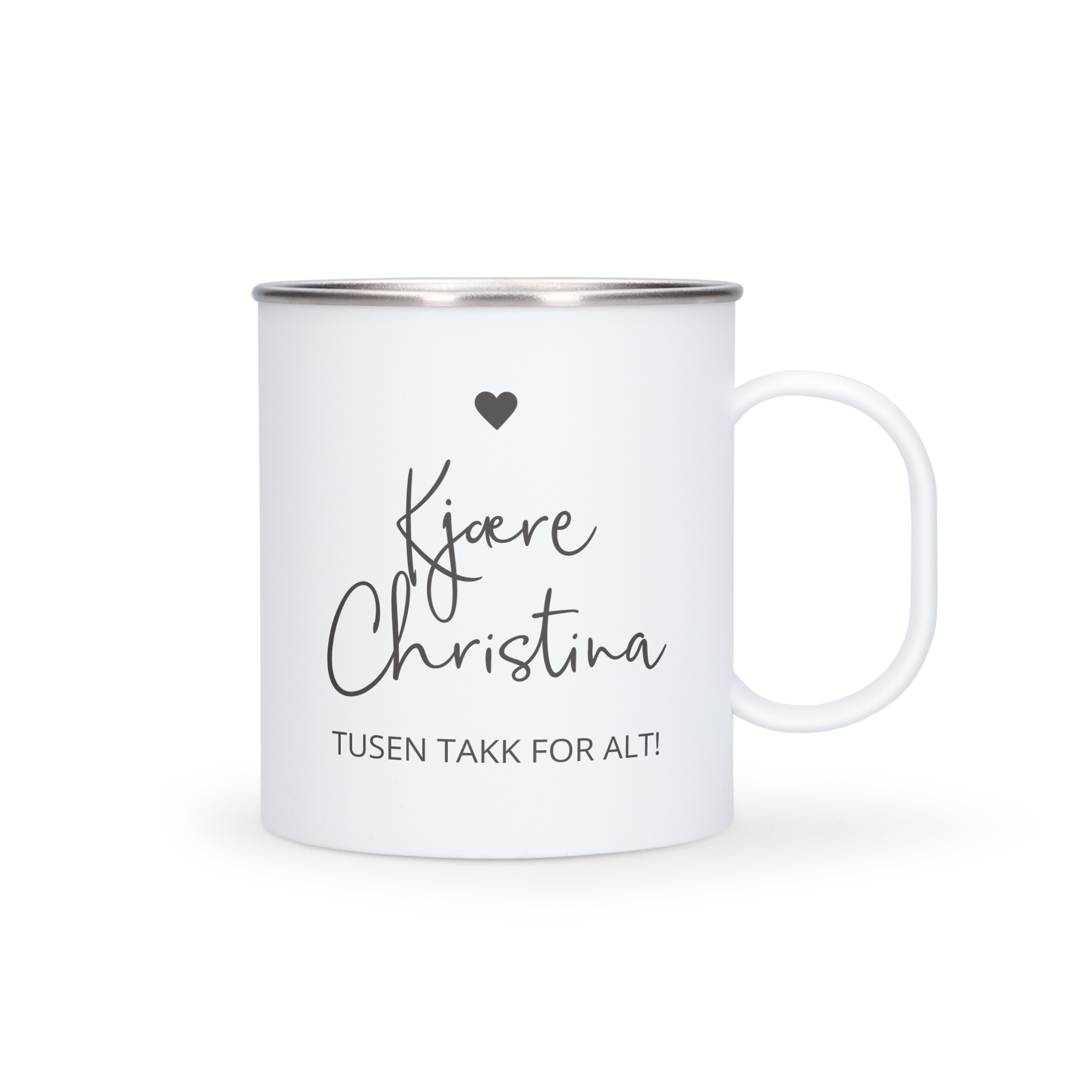 Lett kopp i rustfritt stål, hvit med trykt design av hjerte og teksten "Kjære Christina TUSEN TAKK FOR ALT!".